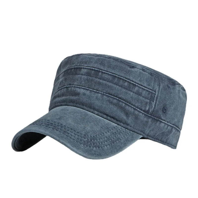 Washed flat-top military cap with short brim and generous fit