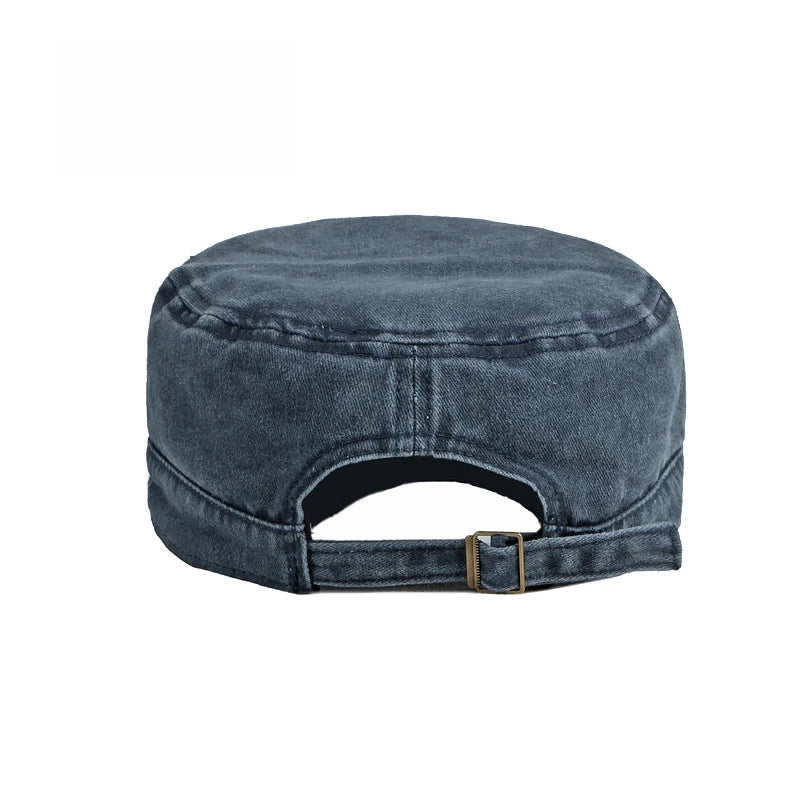 Washed flat-top military cap with short brim and generous fit