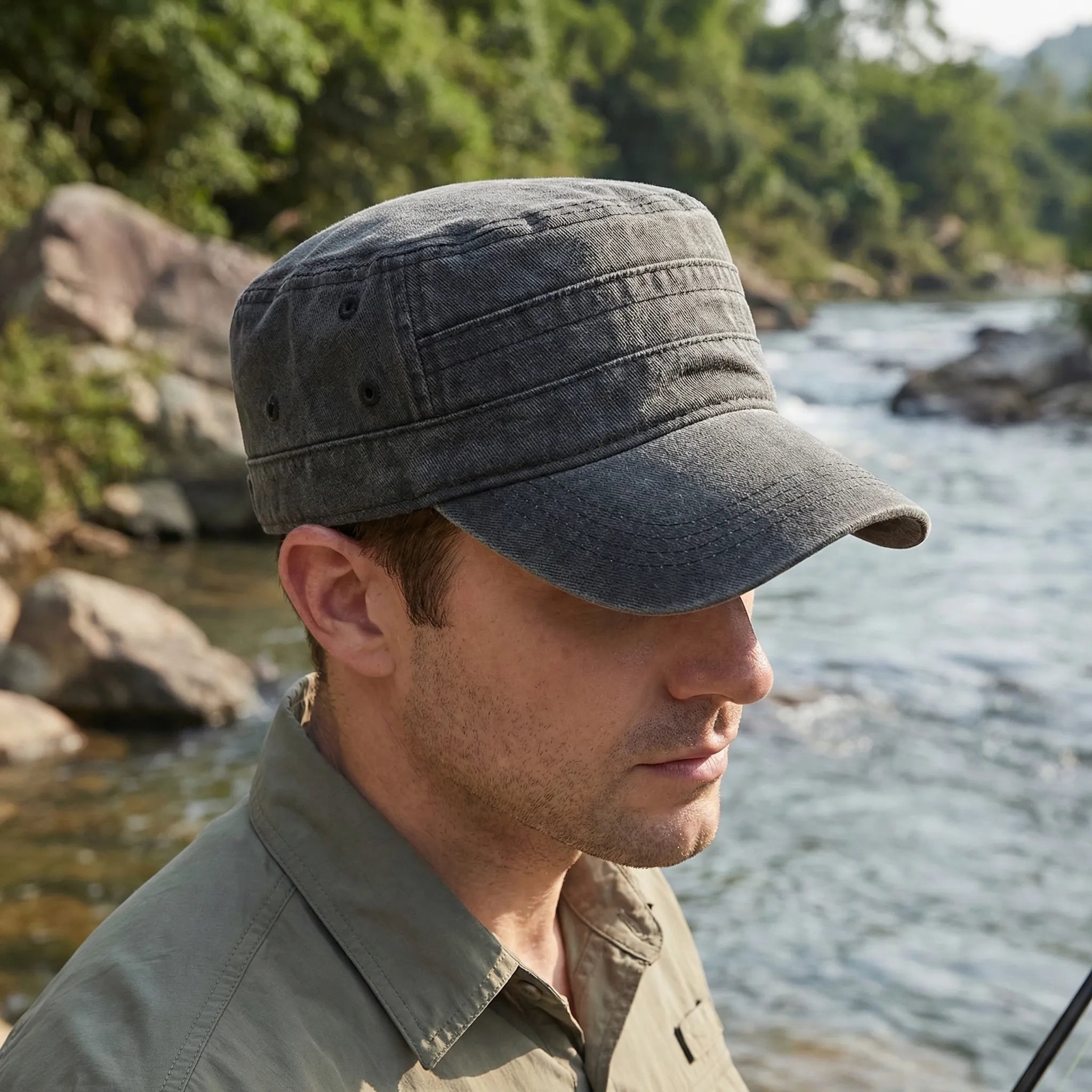 Washed flat-top military cap with short brim and generous fit