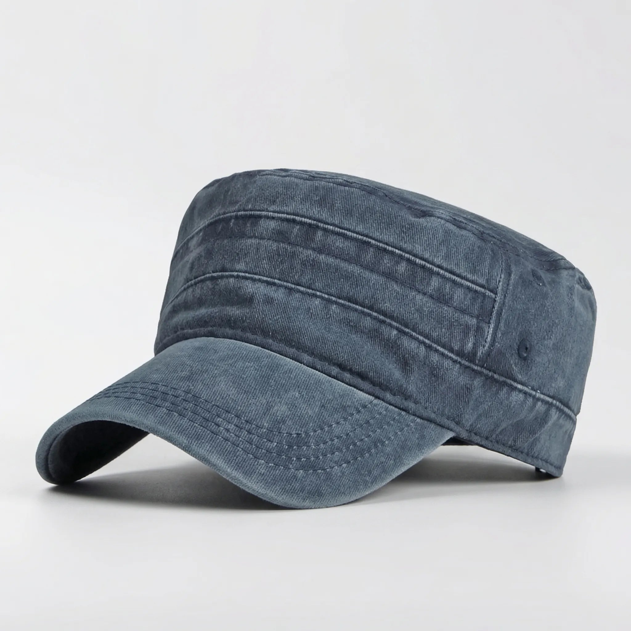 Washed flat-top military cap with short brim and generous fit