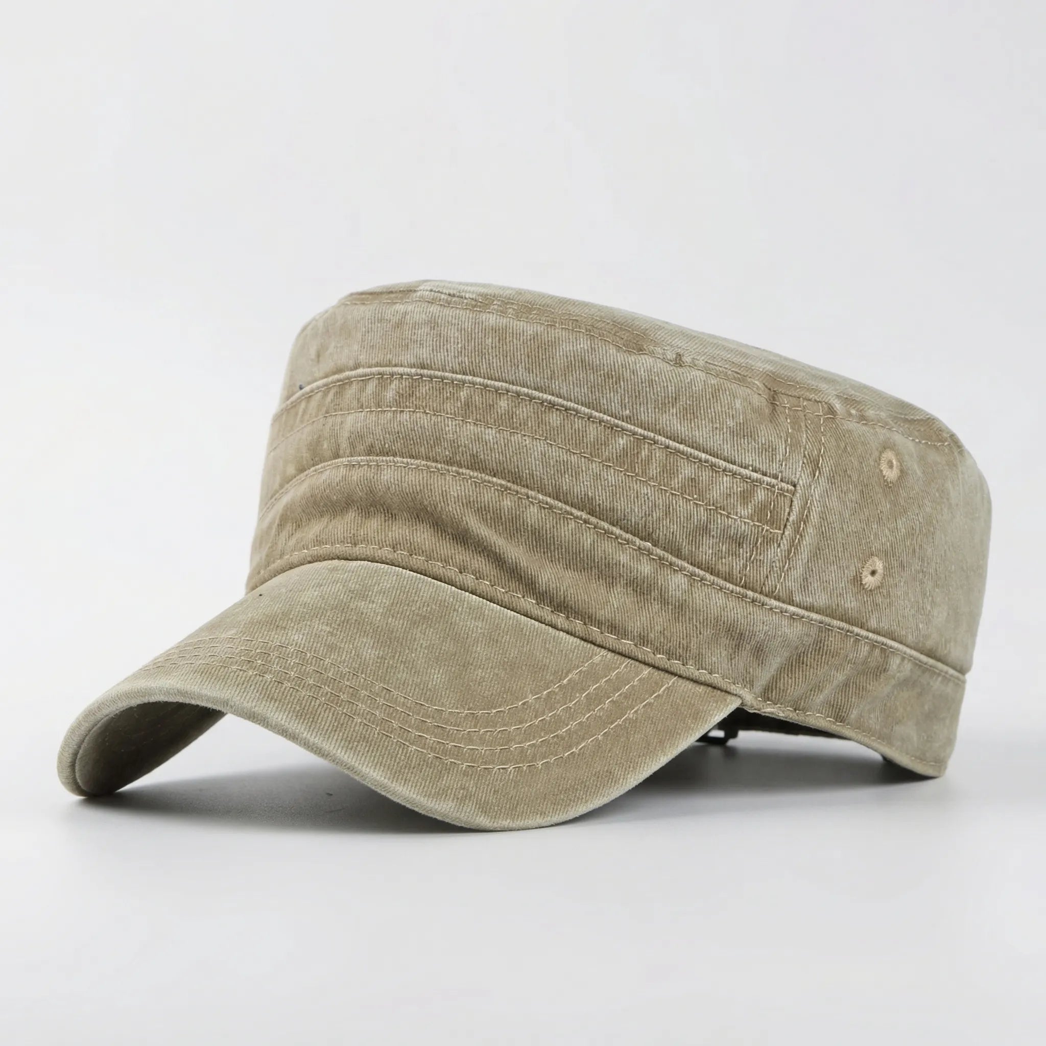 Washed flat-top military cap with short brim and generous fit