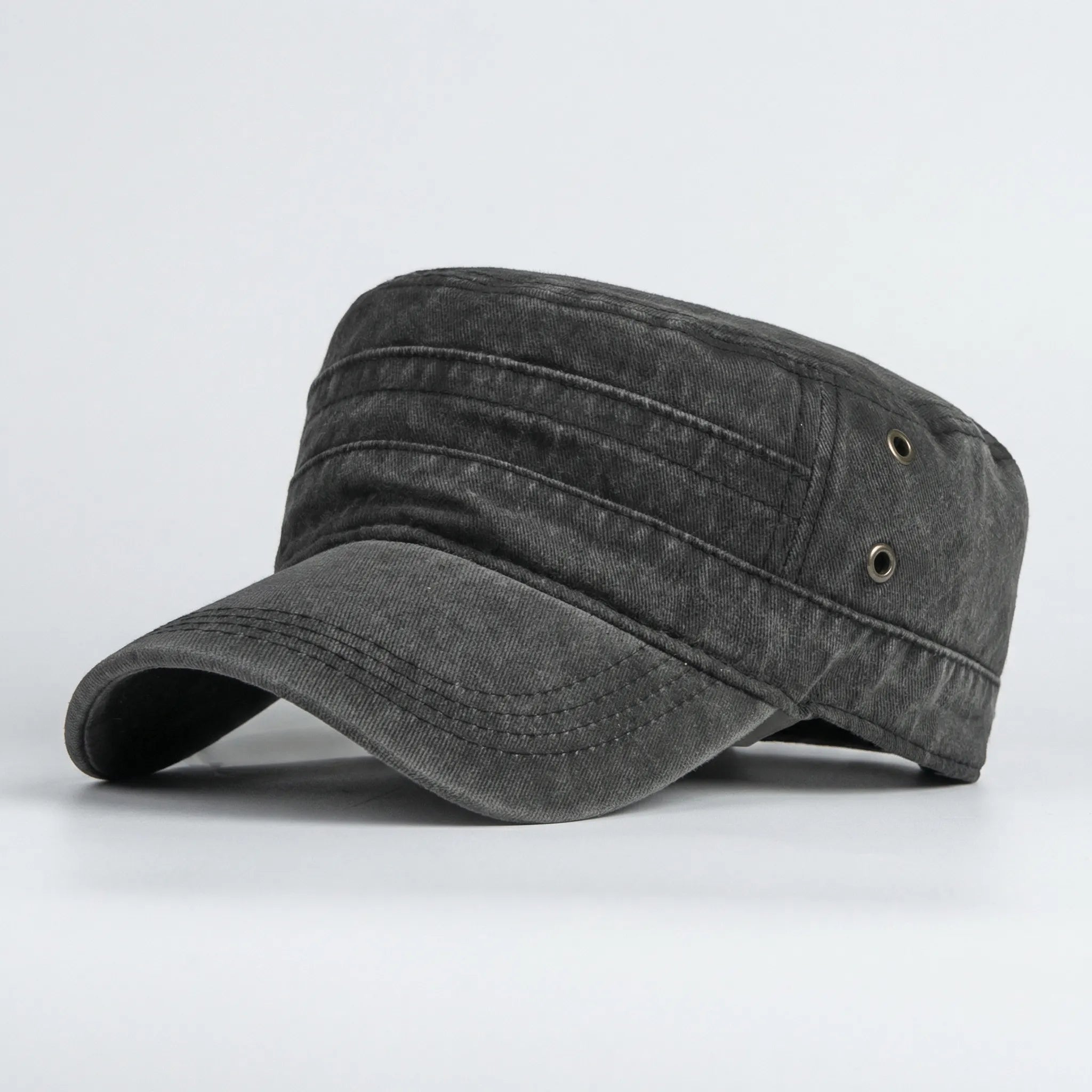 Washed flat-top military cap with short brim and generous fit