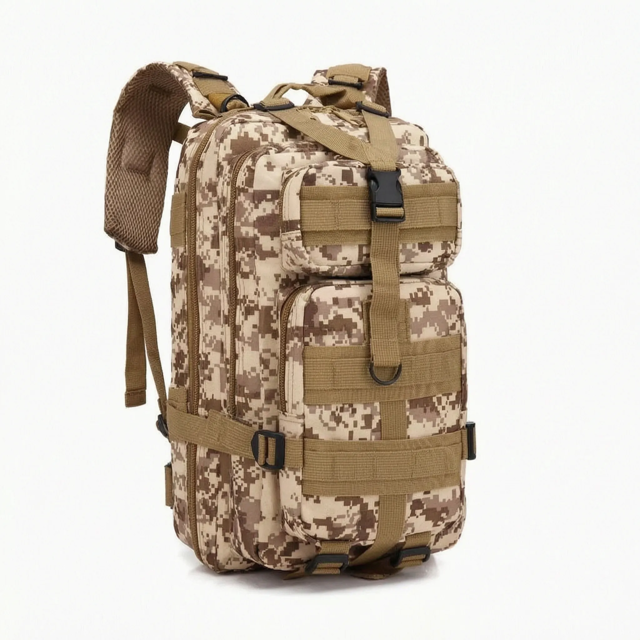 Multi-compartment day pack with padded straps and compression design