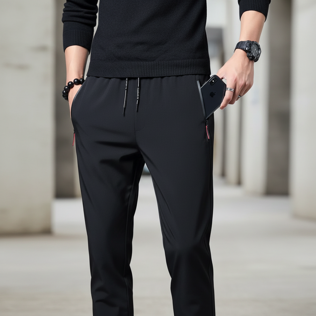Men's slim straight jogger pants with elastic waistband and zip pockets