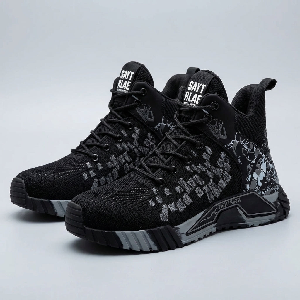 High-cut safety work boots with reinforced toe and puncture-resistant sole