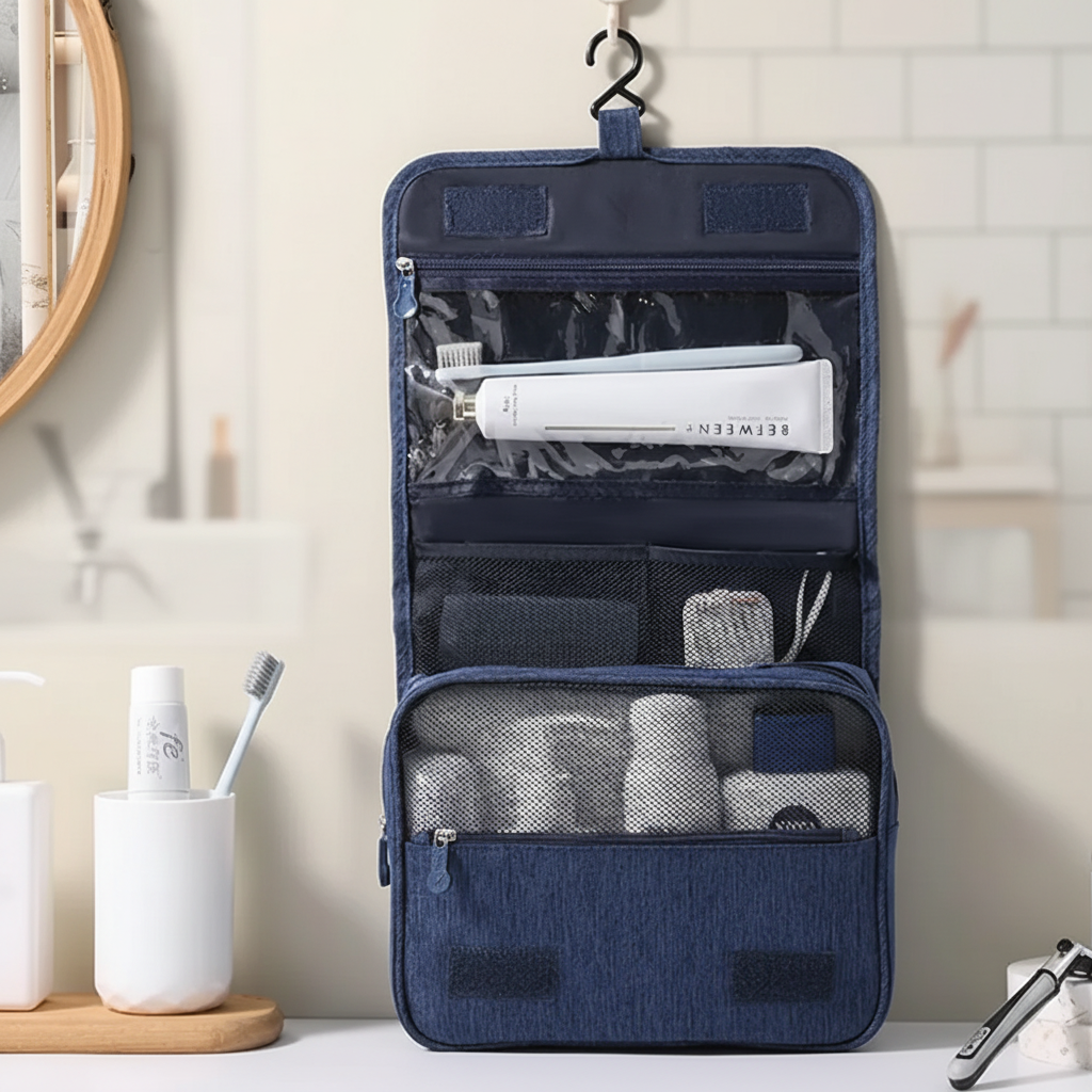 Waterproof hanging toiletry bag with multiple compartments and hanging hook