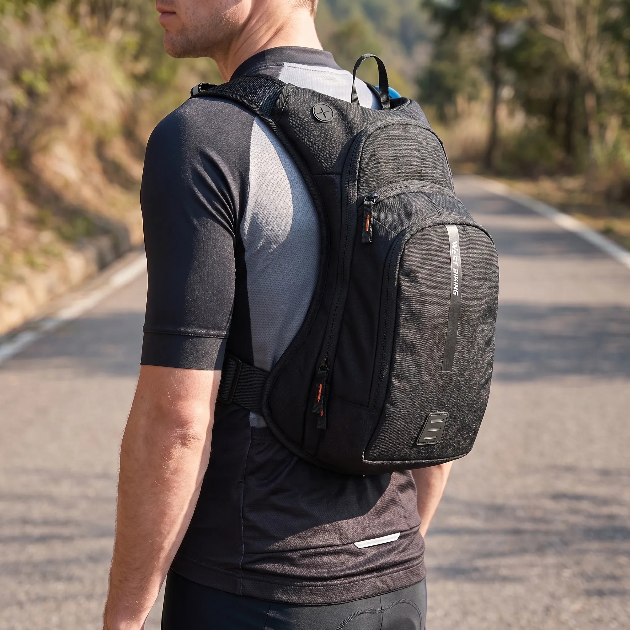 Sports backpack with cross harness design and hydration port