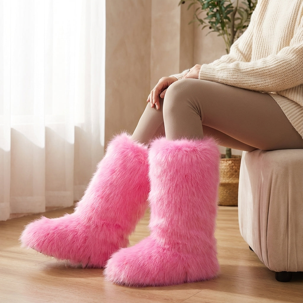 Women's knee-high fuzzy winter boots with plush lining slip-on closure
