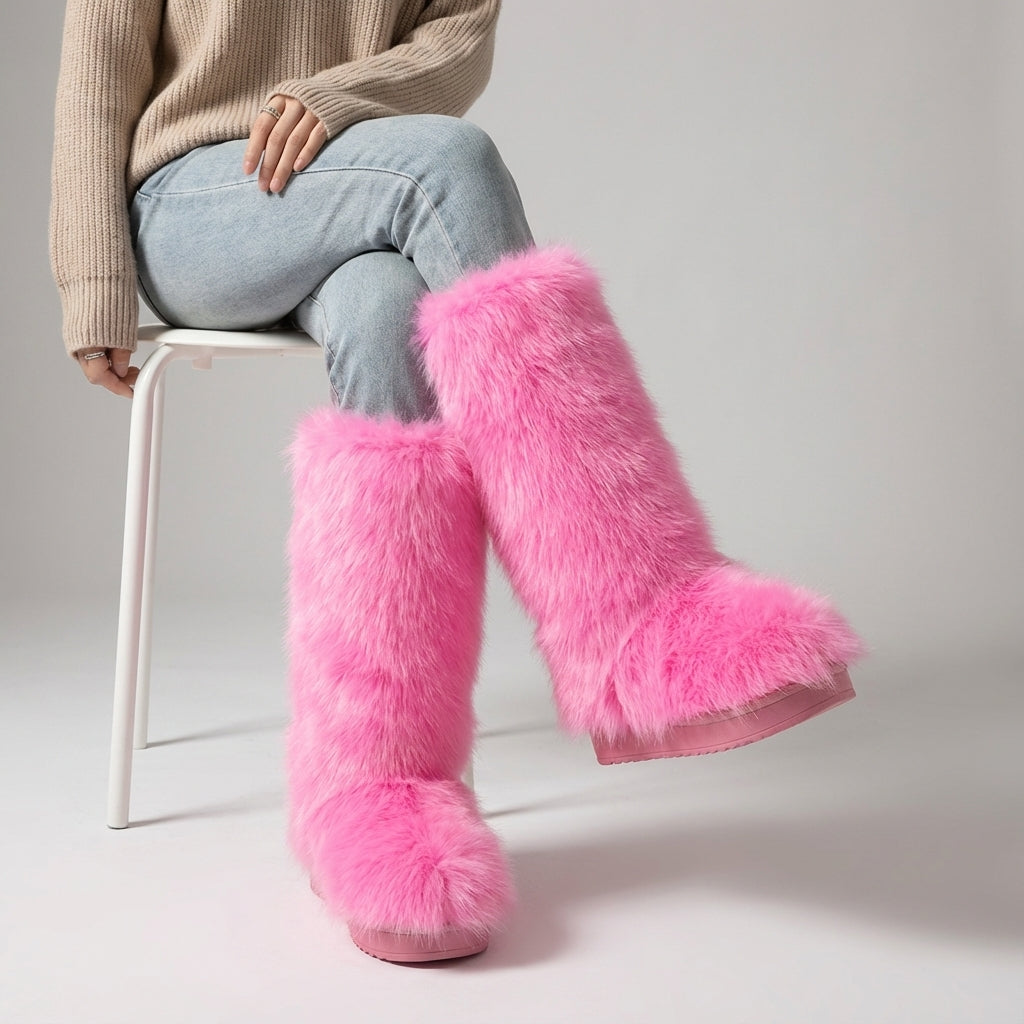 Women's knee-high fuzzy winter boots with plush lining slip-on closure