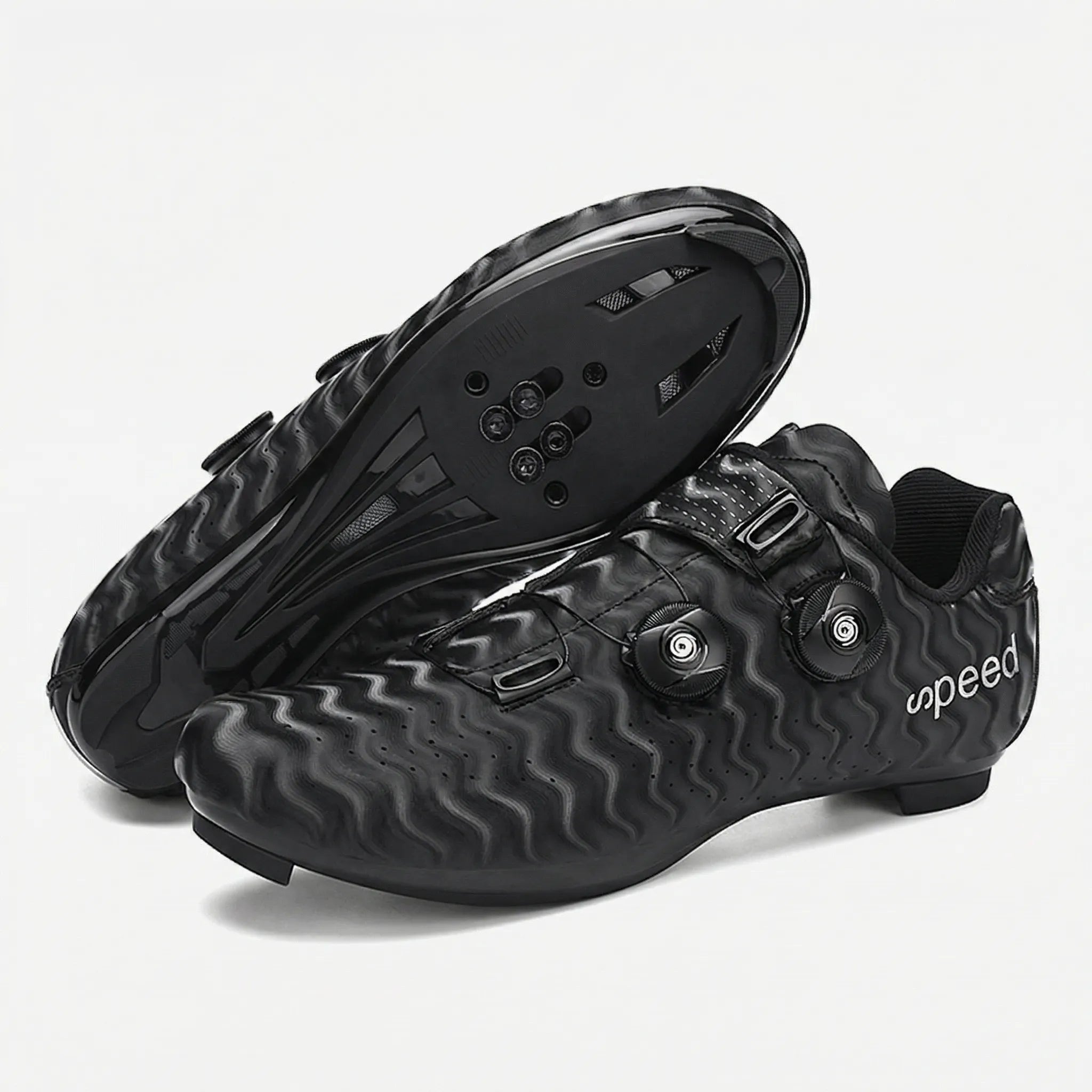 Hard-soled road cycling shoe with SPD cleat compatibility and dual rotary dial