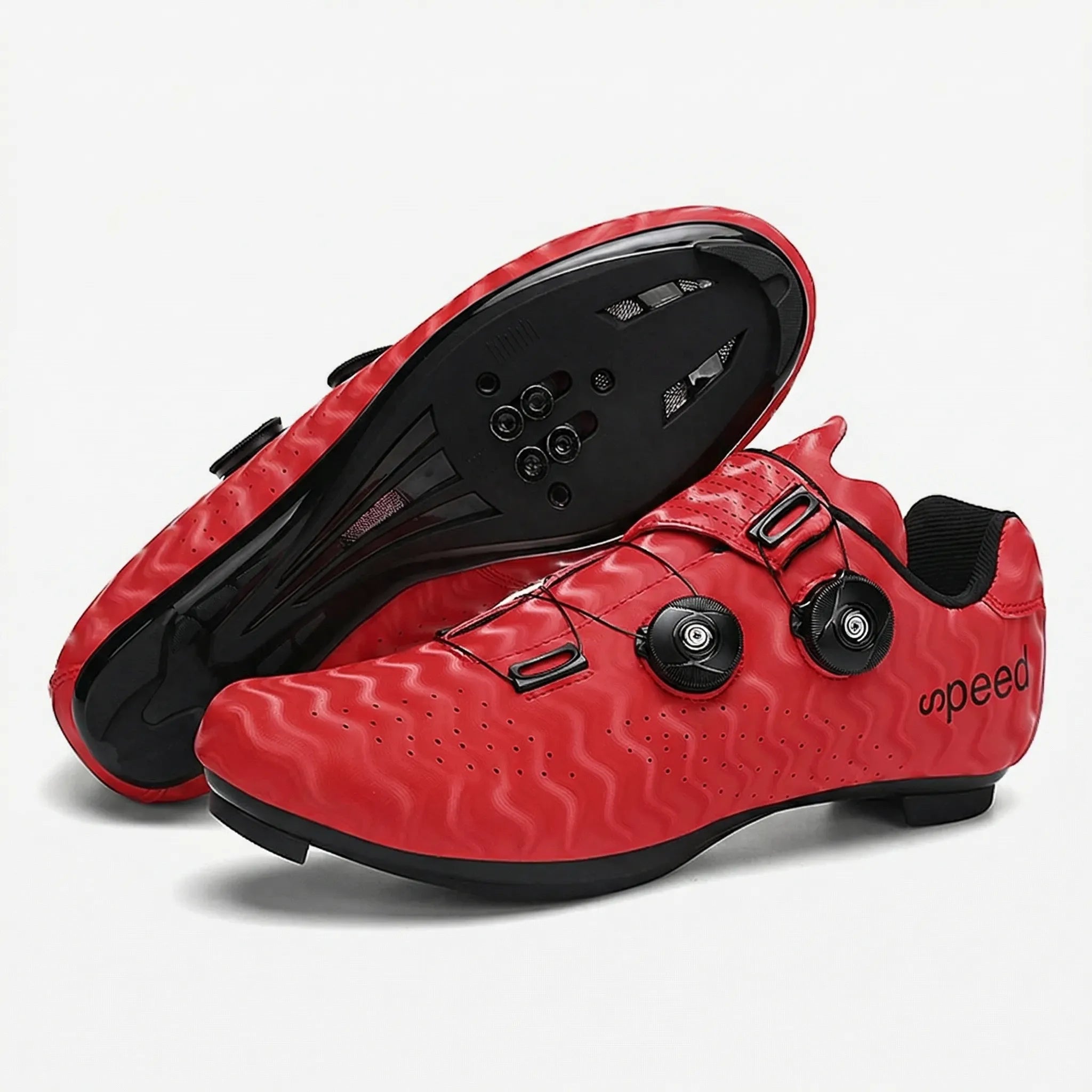 Hard-soled road cycling shoe with SPD cleat compatibility and dual rotary dial