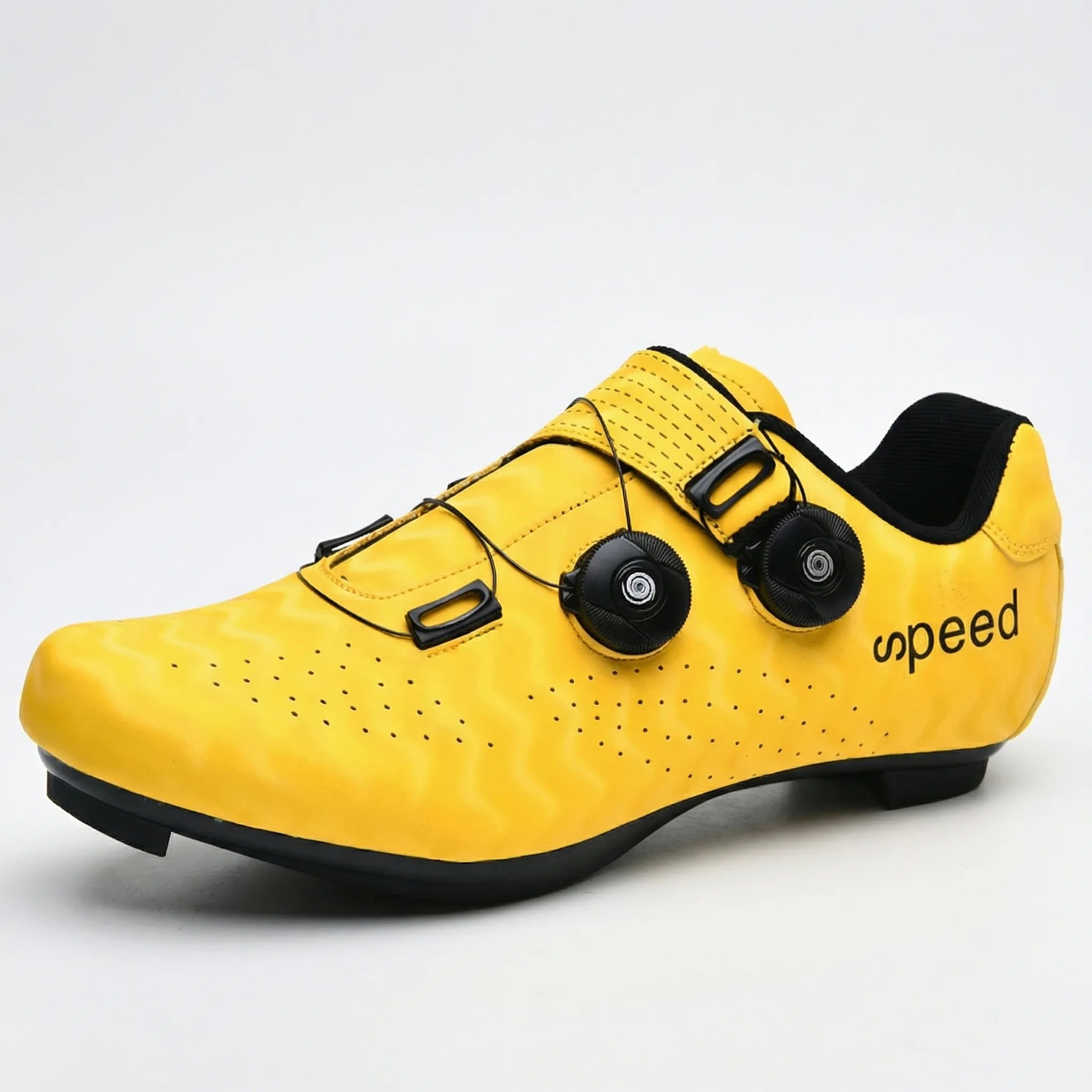 Hard-soled road cycling shoe with SPD cleat compatibility and dual rotary dial