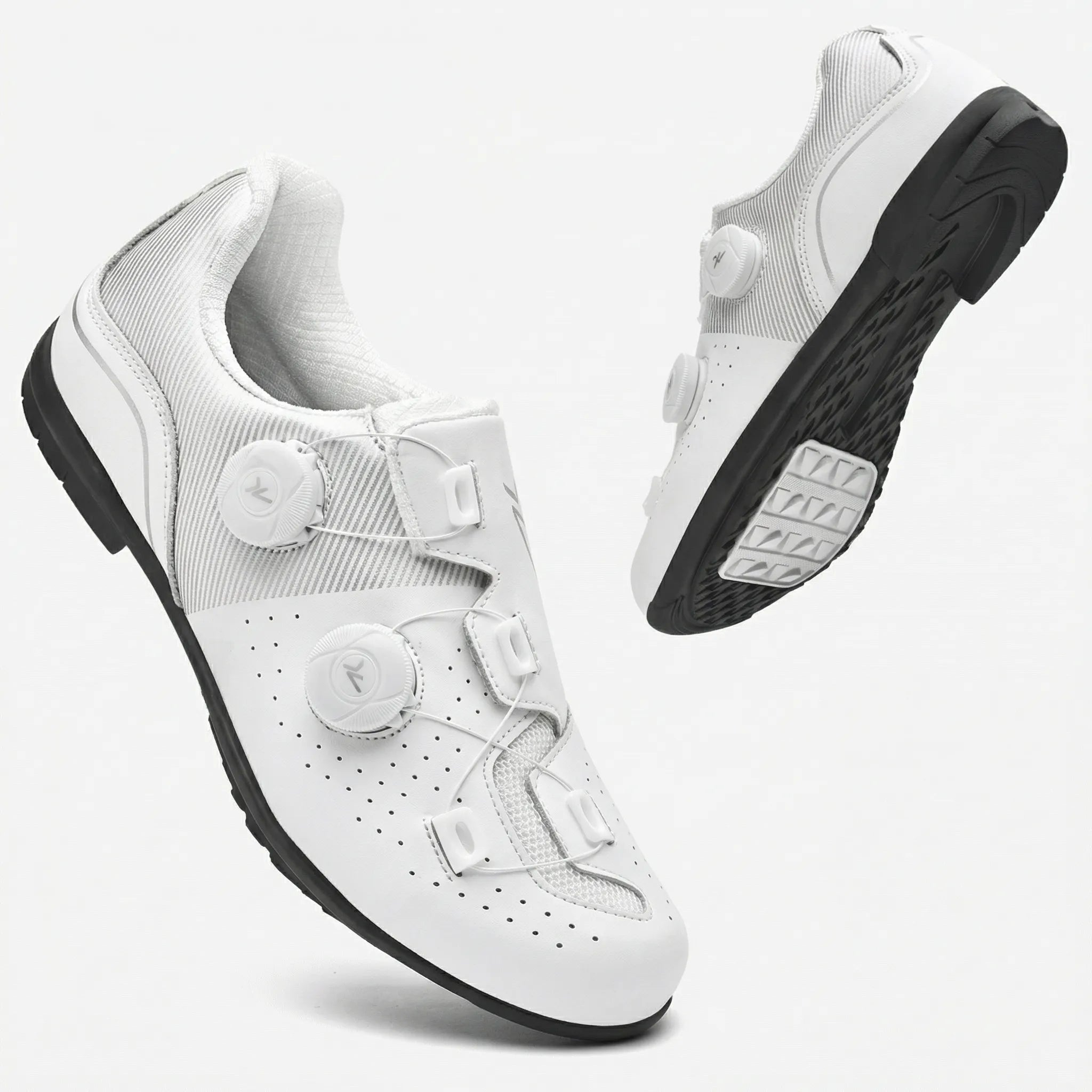 Road and MTB cycling shoes with dual rotary dial closure system