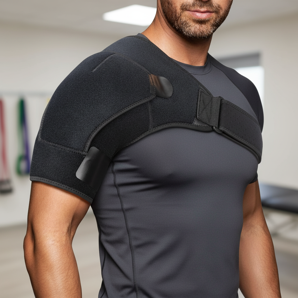 Adjustable compression shoulder brace with reinforced wrap design