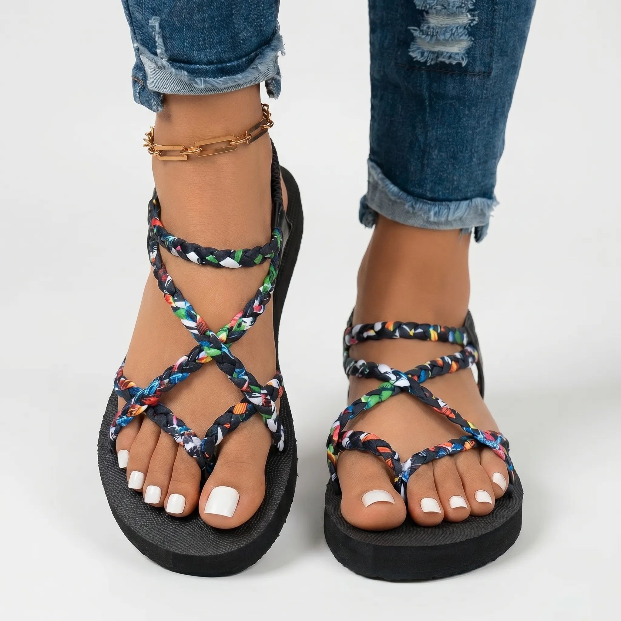Women's flat summer sandals with multicolor braided woven straps