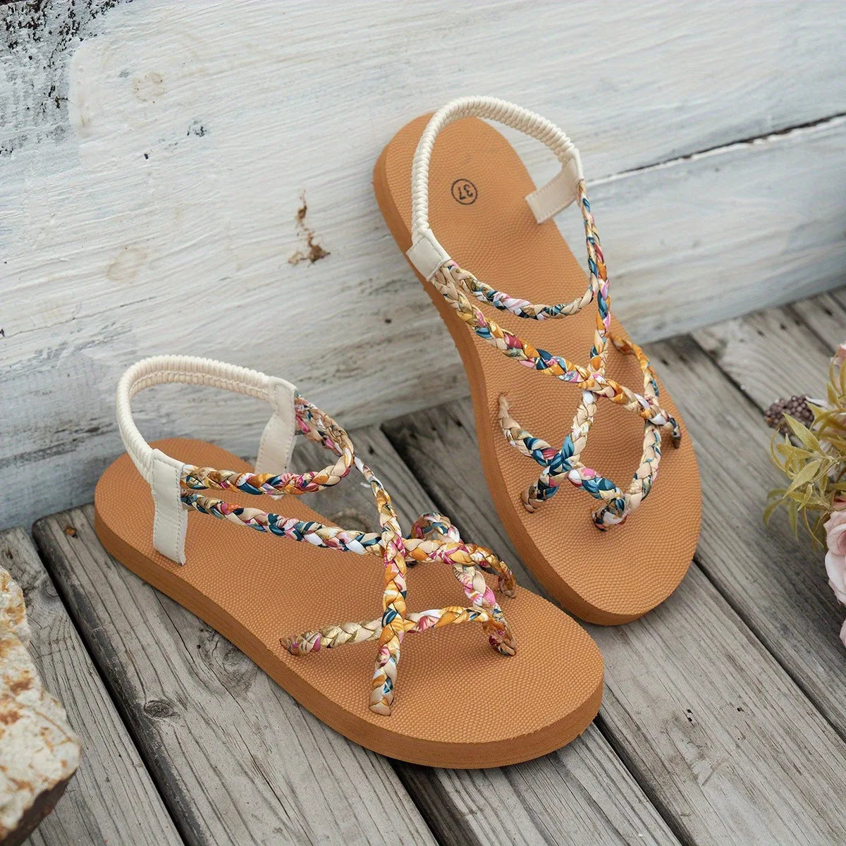 Women's flat summer sandals with multicolor braided woven straps