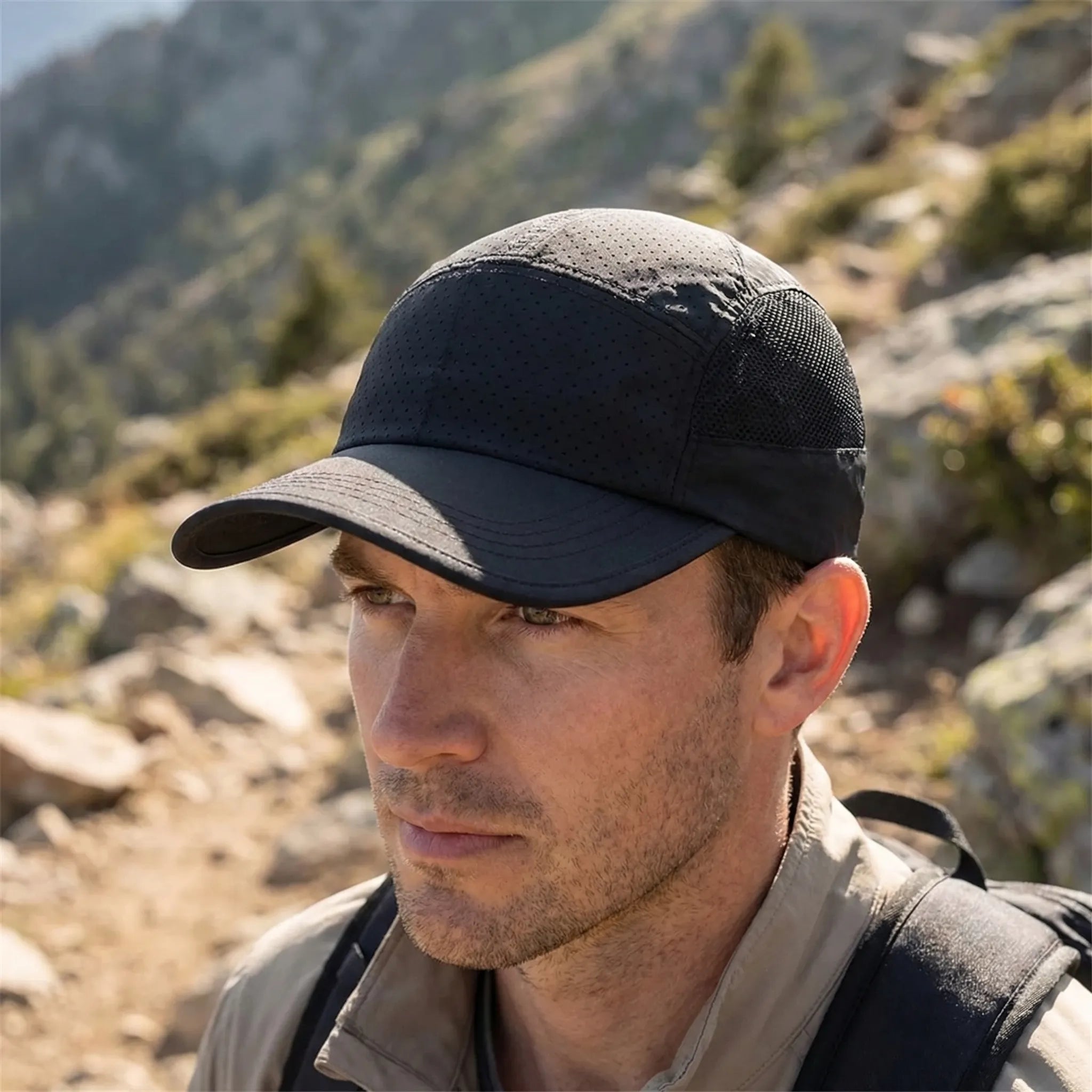 UV-rated baseball cap with mesh ventilation and quick-drying fabric
