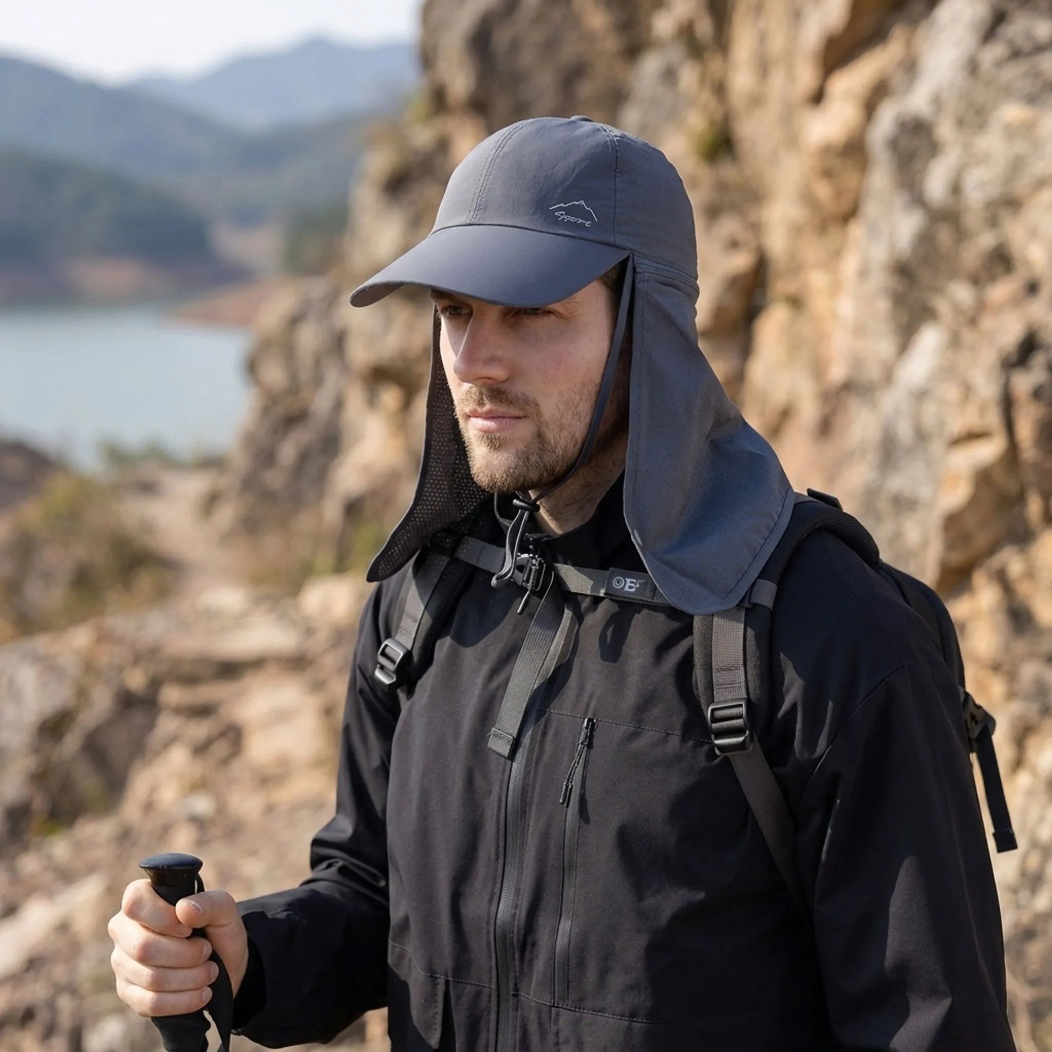Outdoor cap with detachable zip-off neck flap and quick-drying fabric