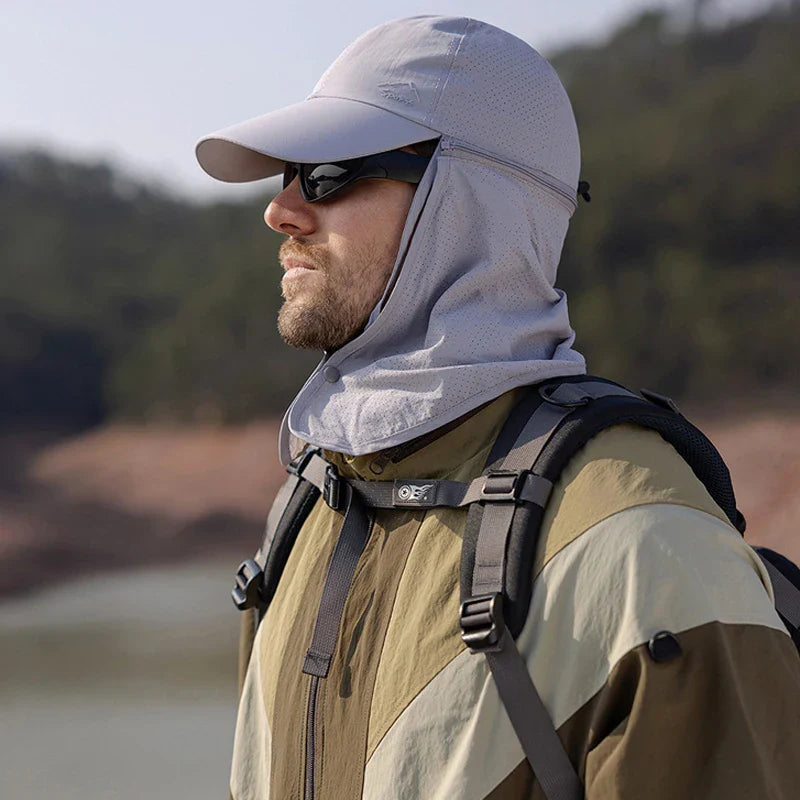 Outdoor cap with detachable zip-off neck flap and quick-drying fabric