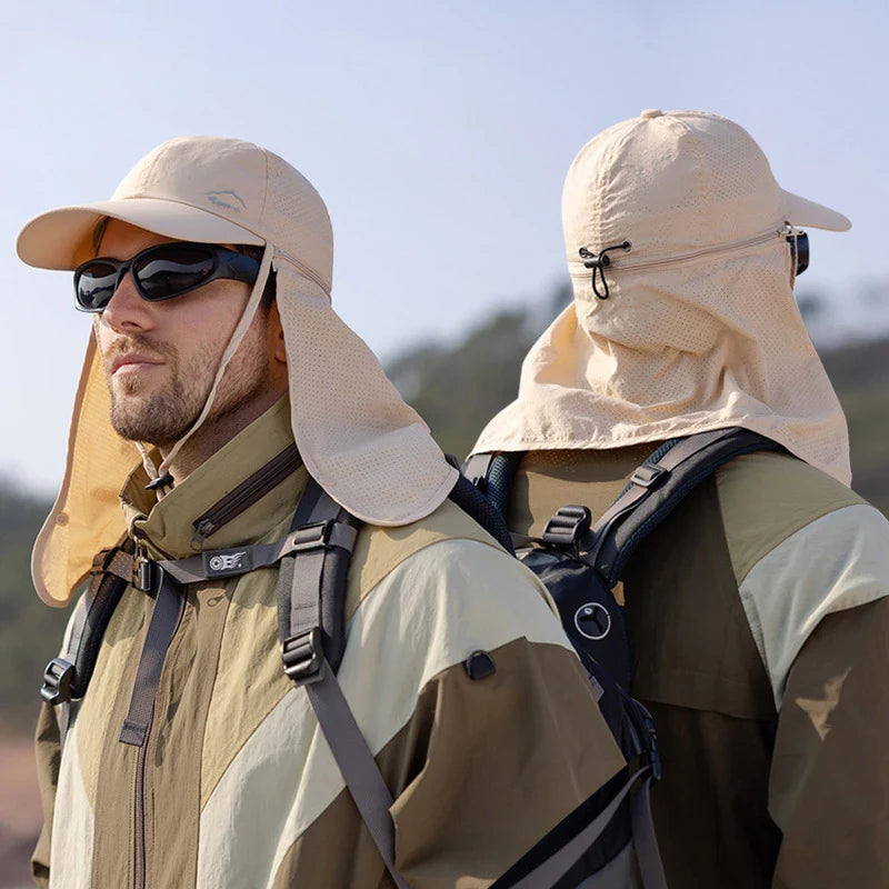 Outdoor cap with detachable zip-off neck flap and quick-drying fabric