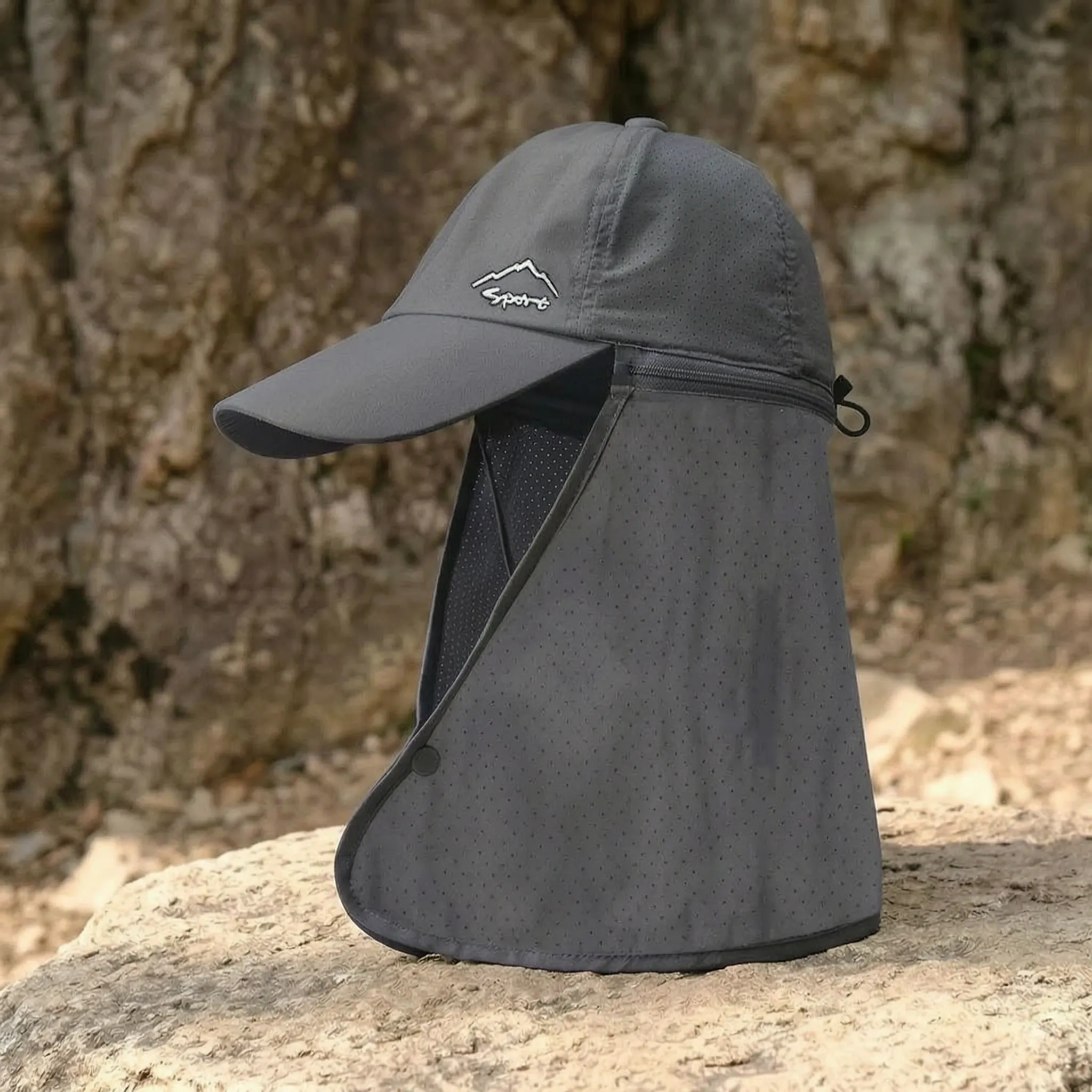 Outdoor cap with detachable zip-off neck flap and quick-drying fabric
