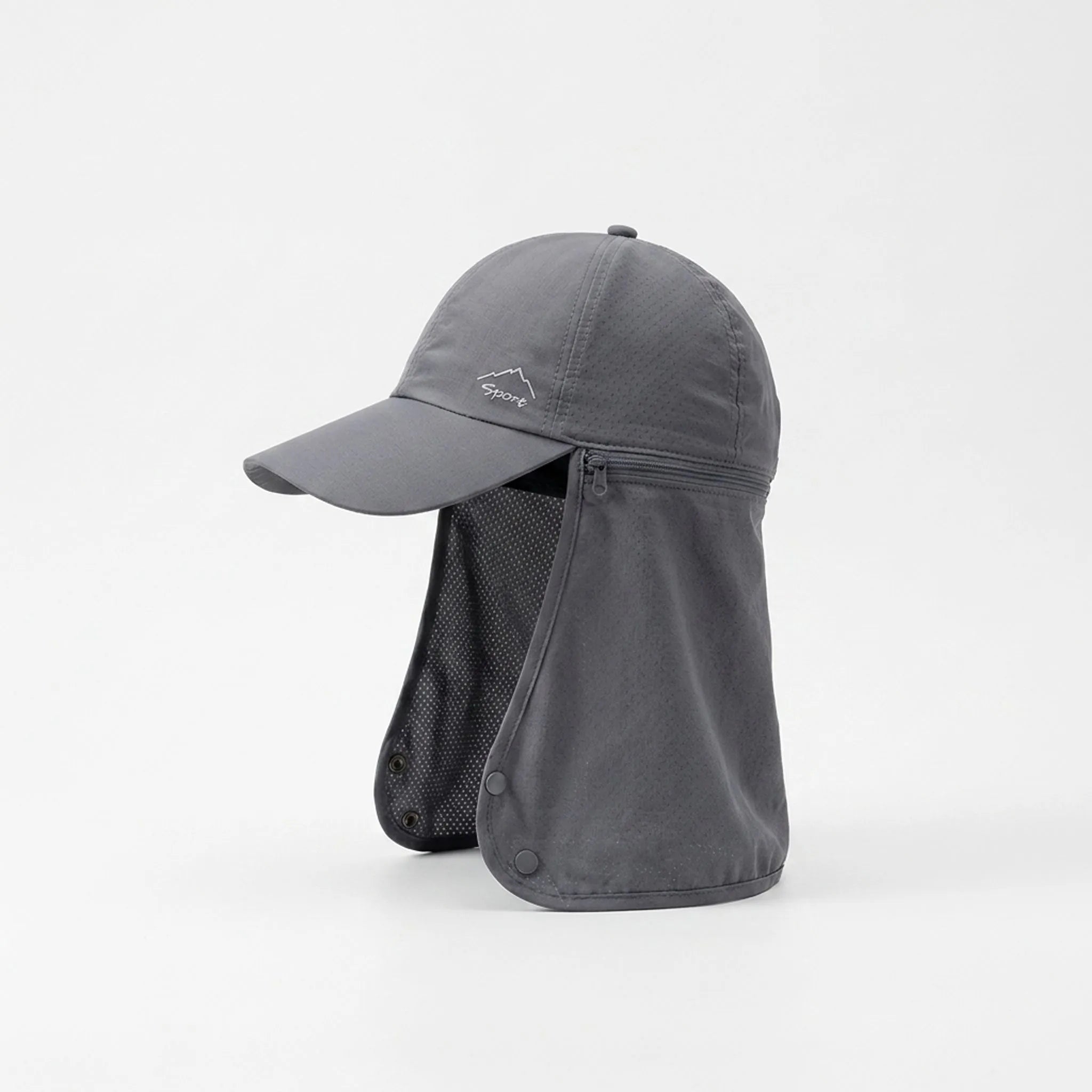 Outdoor cap with detachable zip-off neck flap and quick-drying fabric