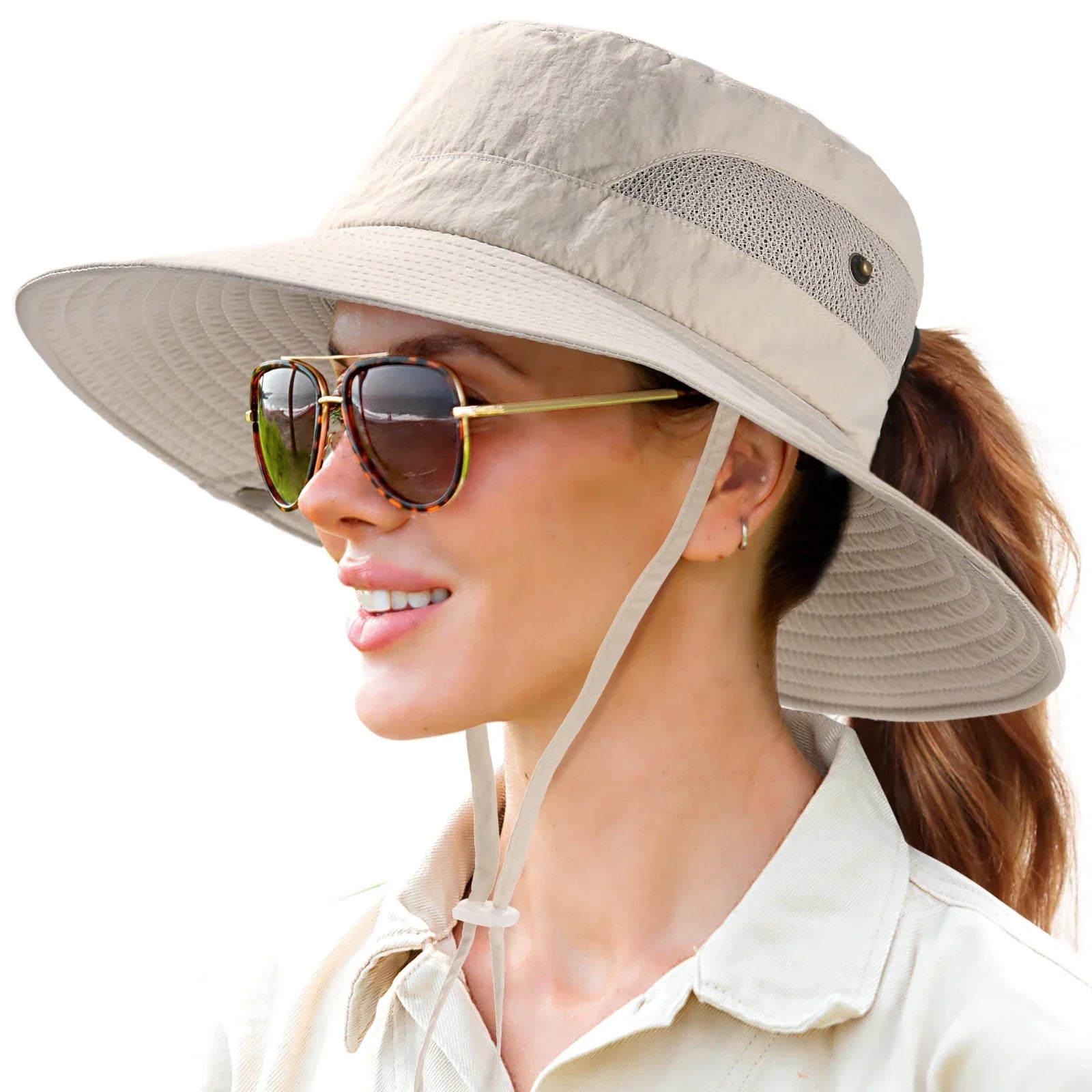 Wide-brim sun hat with mesh ventilation and rear ponytail opening