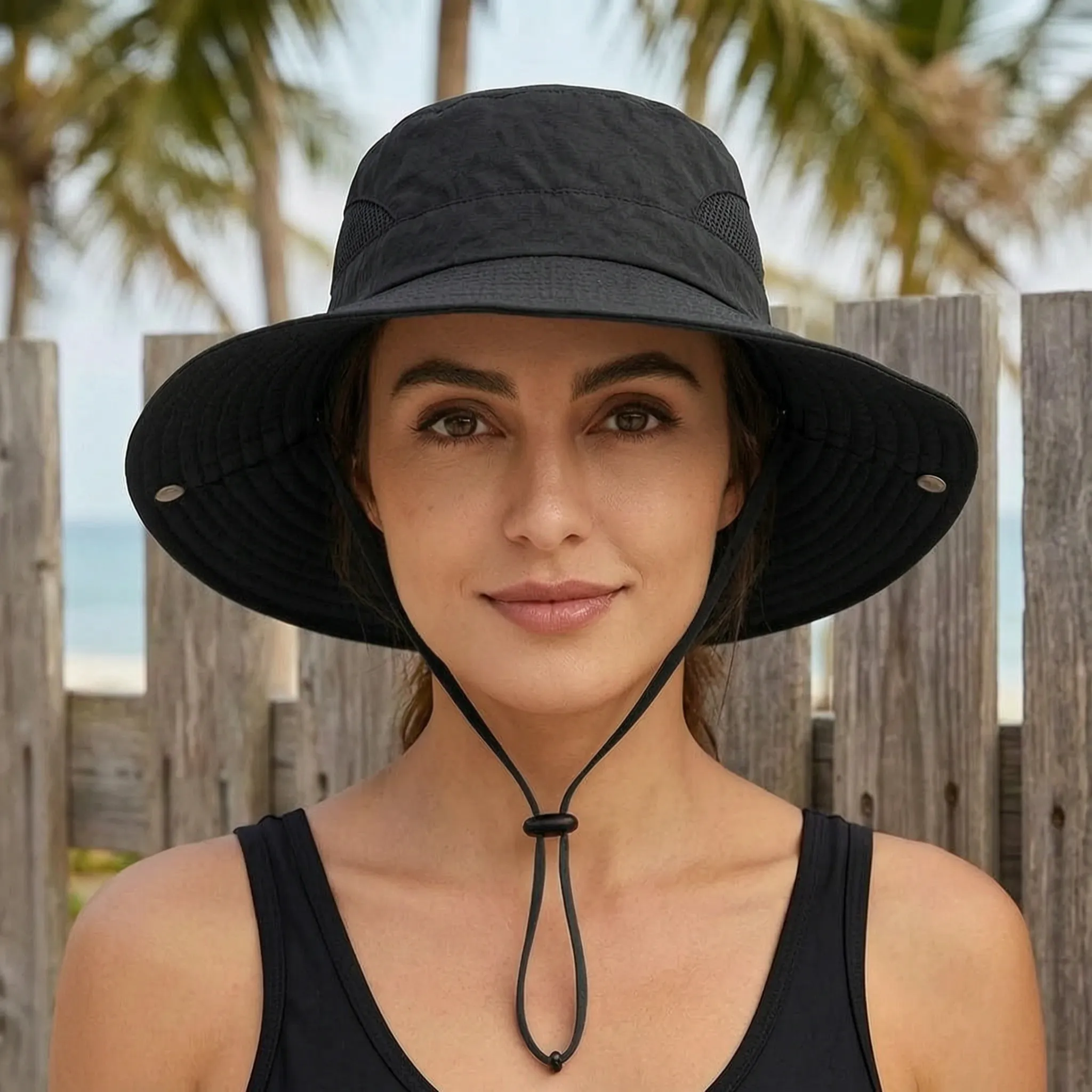 Wide-brim sun hat with mesh ventilation and rear ponytail opening