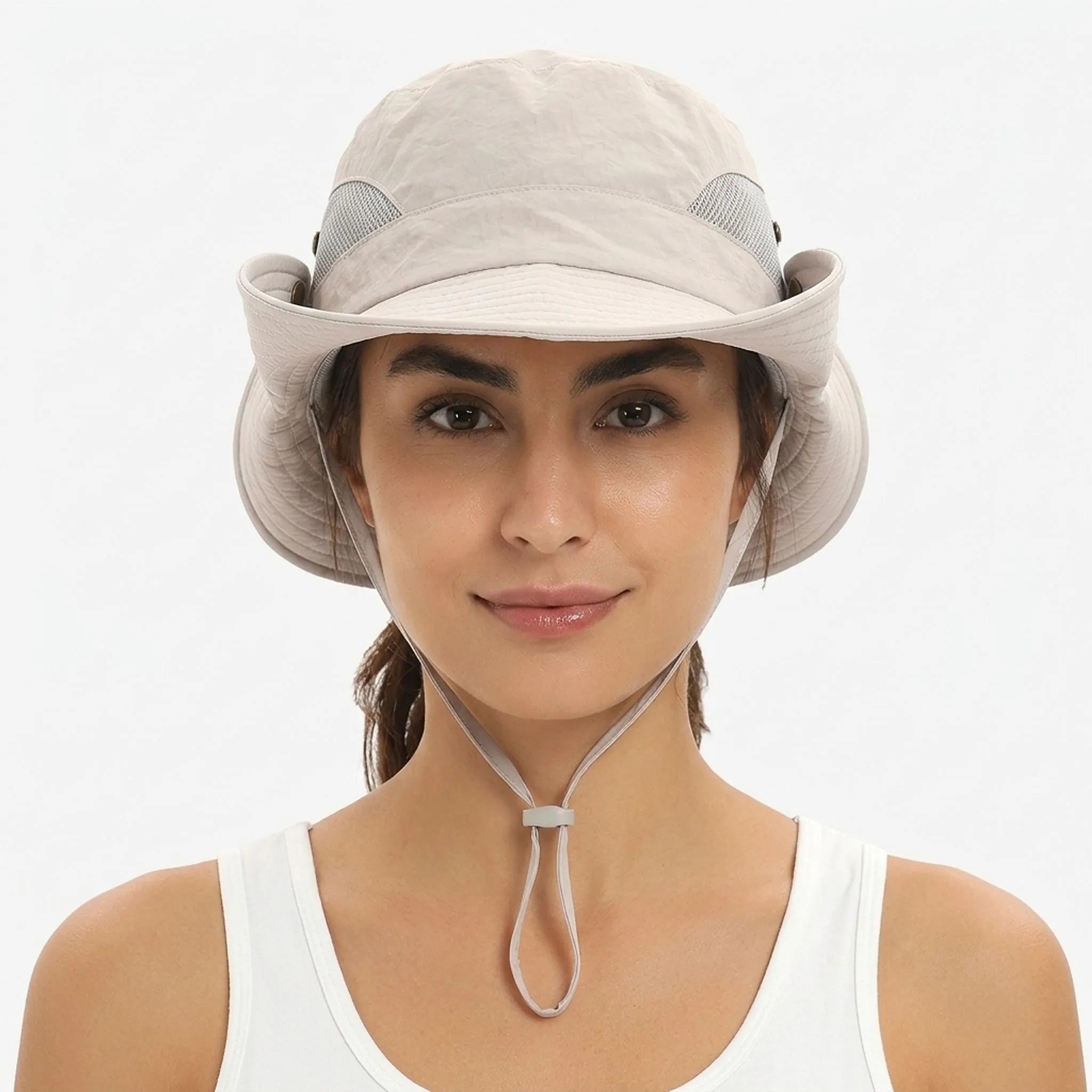 Wide-brim sun hat with mesh ventilation and rear ponytail opening