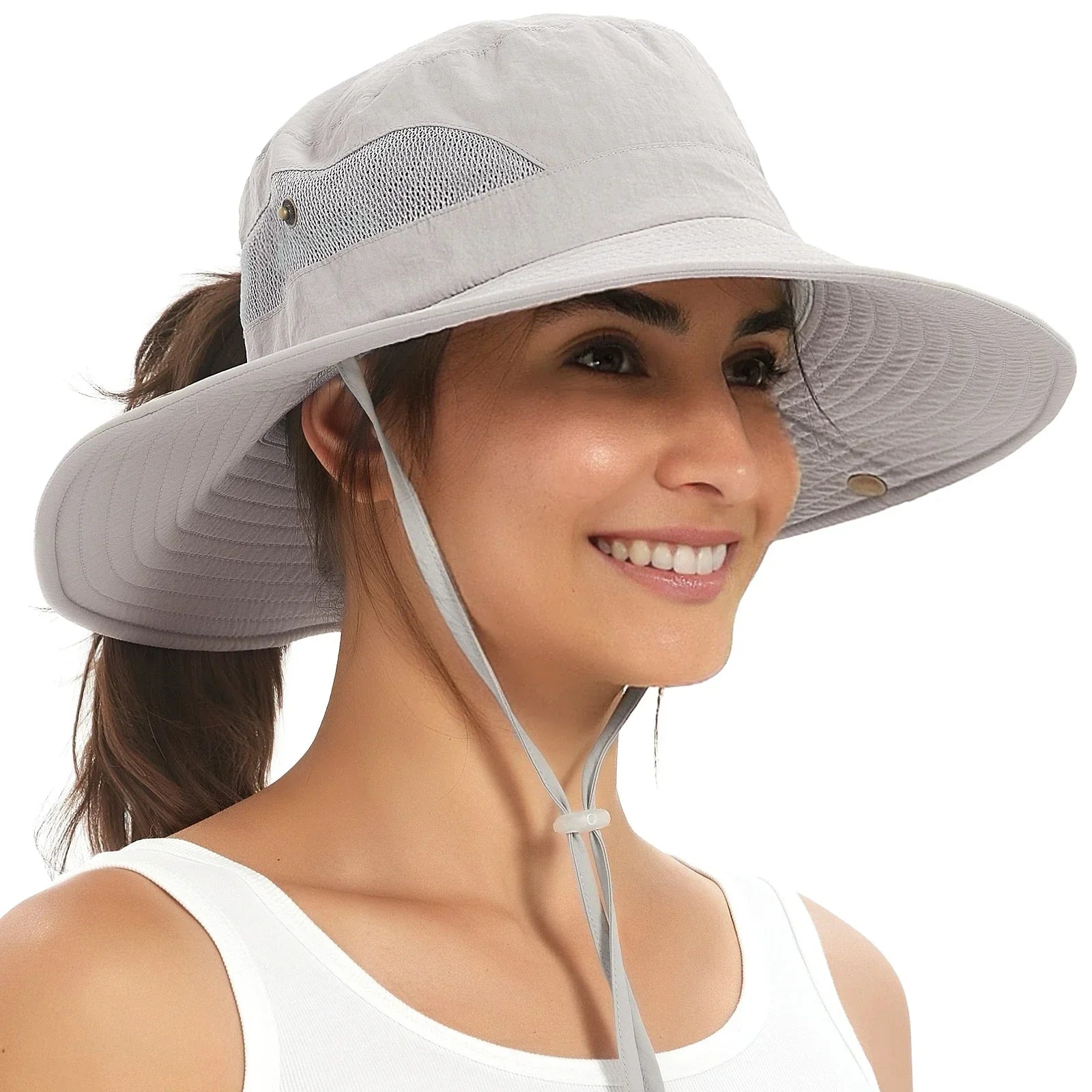 Wide-brim sun hat with mesh ventilation and rear ponytail opening