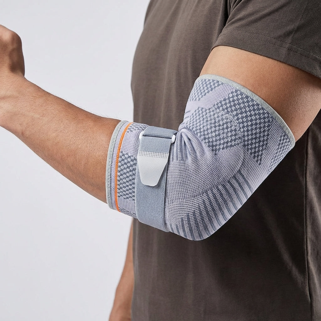 Adjustable compression elbow brace with padded support and breathable knit