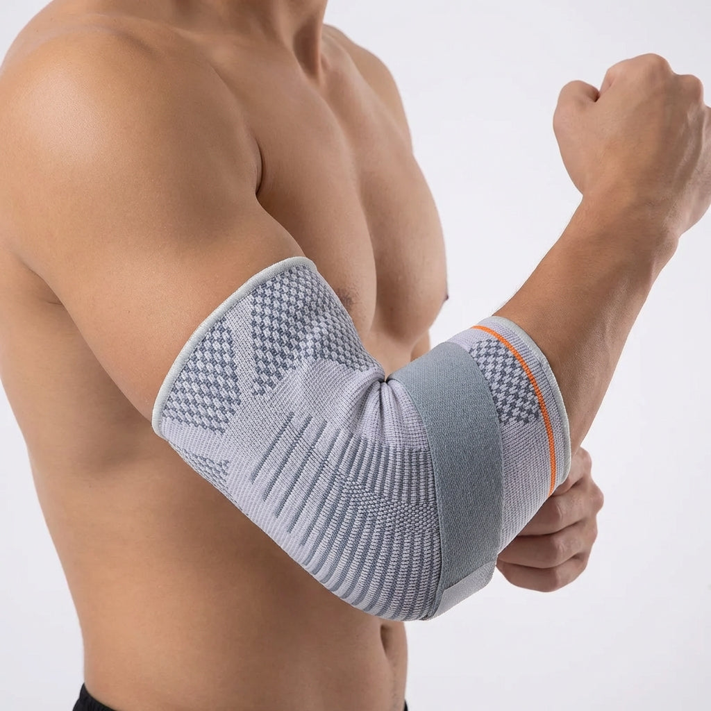 Adjustable compression elbow brace with padded support and breathable knit