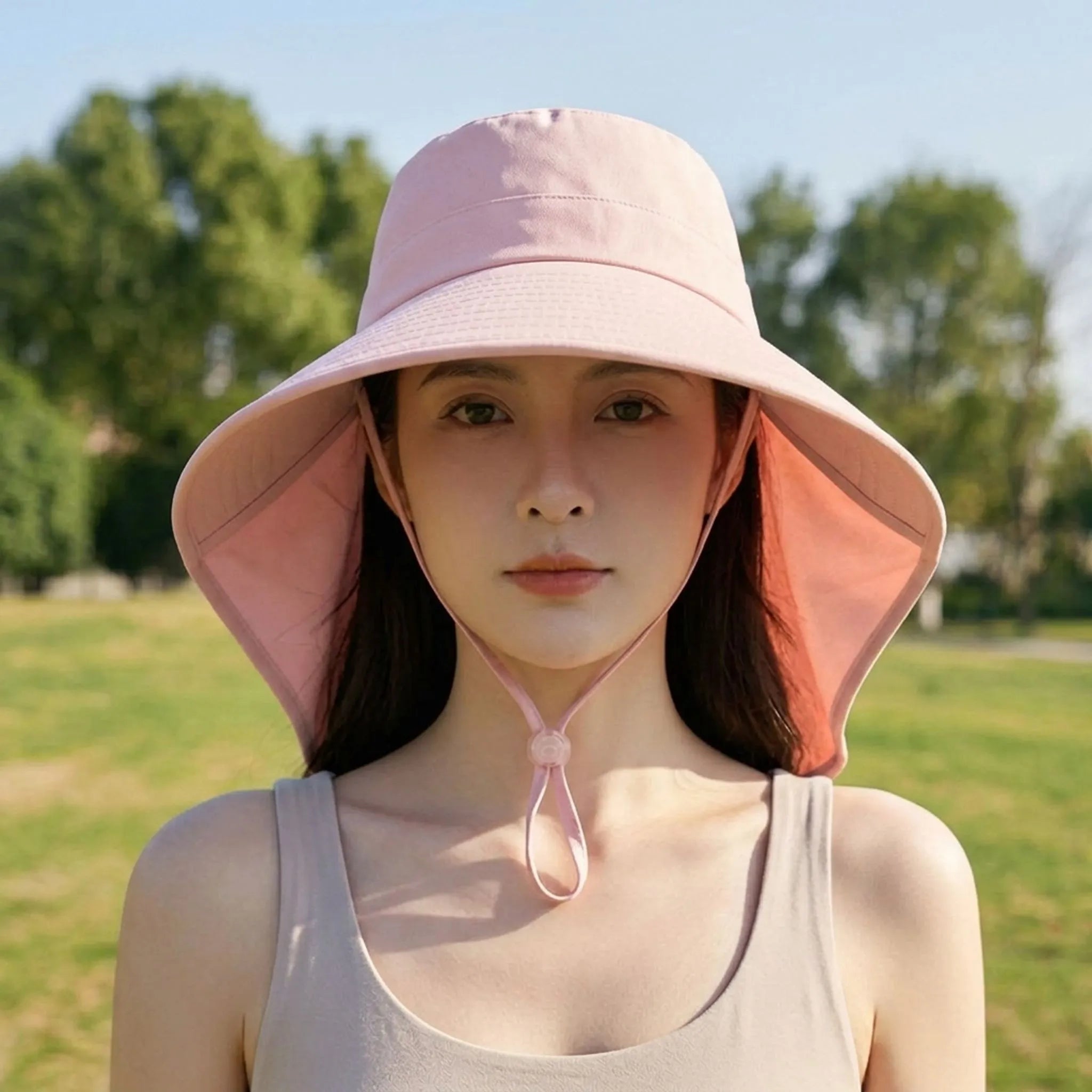 Wide-brim summer hat with extended neck protection and adjustable chin strap