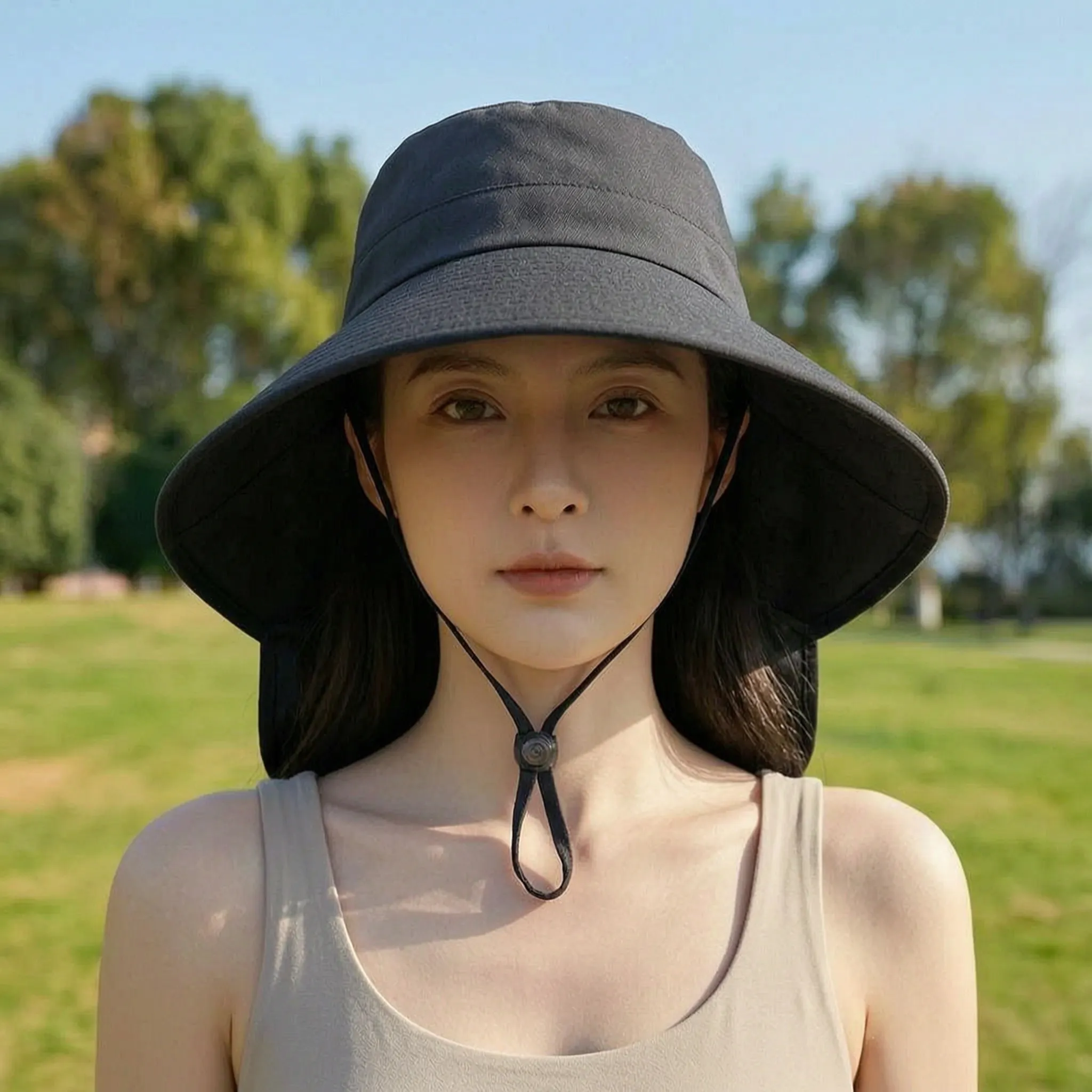 Wide-brim summer hat with extended neck protection and adjustable chin strap