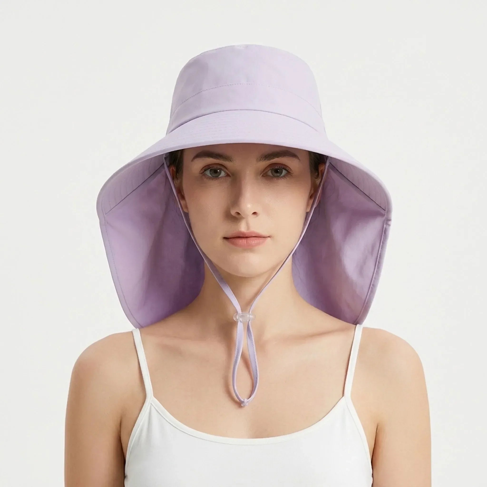 Wide-brim summer hat with extended neck protection and adjustable chin strap