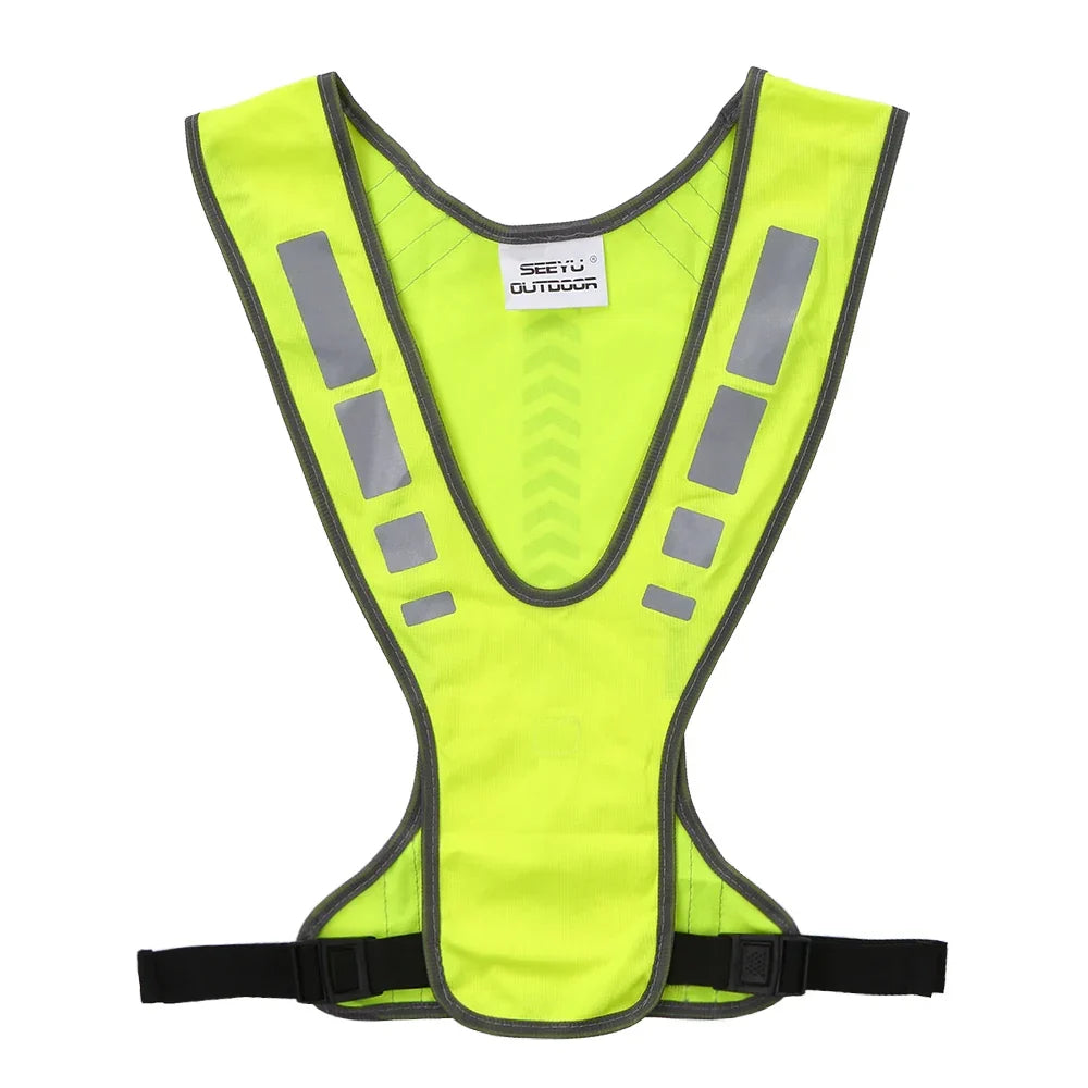 High-visibility running vest with reflective panels and V-harness design