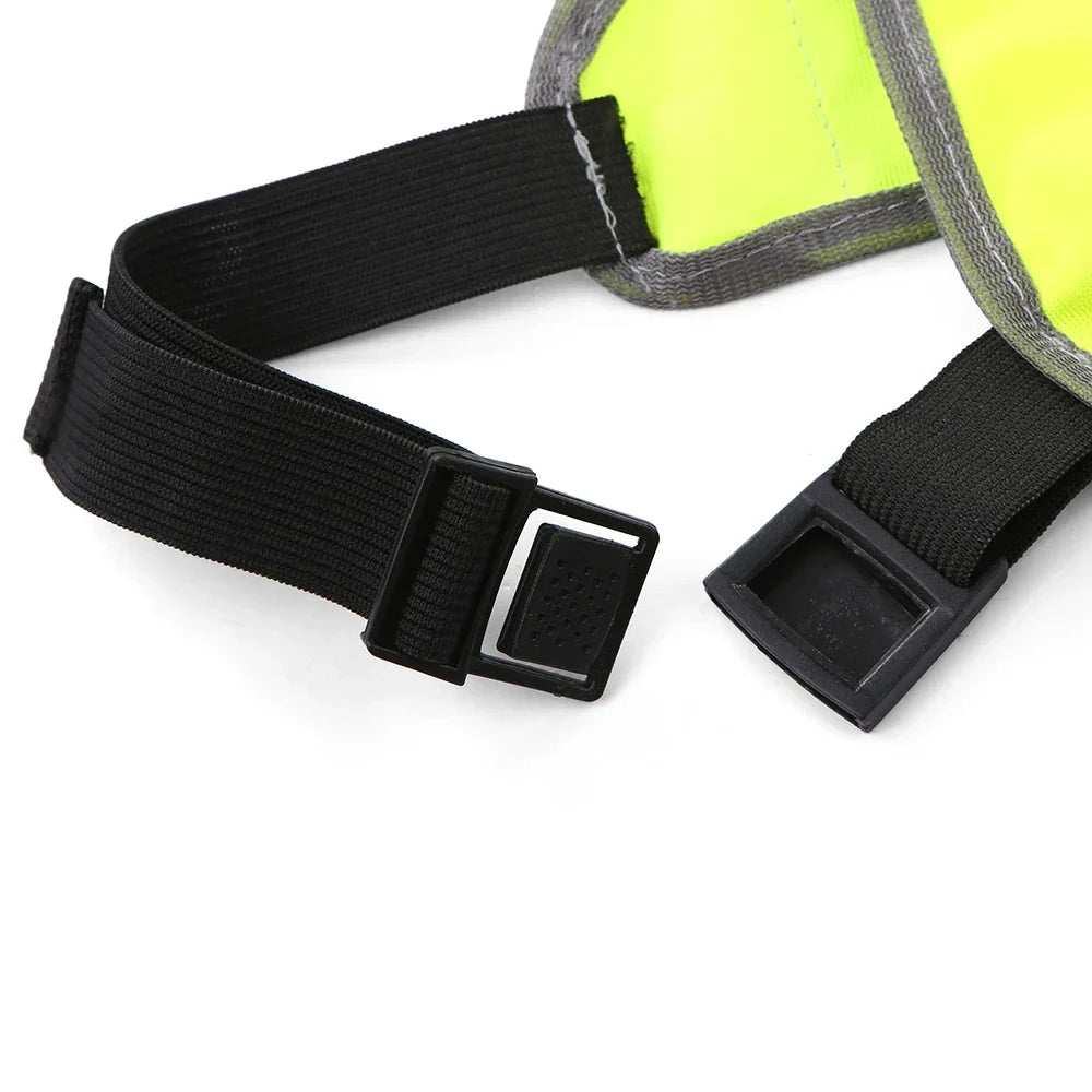 High-visibility running vest with reflective panels and V-harness design