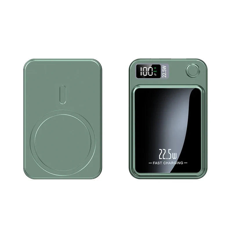 Magnetic wireless power bank with built-in cables and digital display
