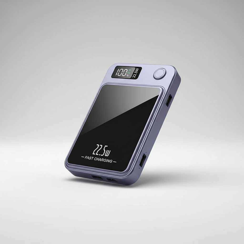 Magnetic wireless power bank with built-in cables and digital display