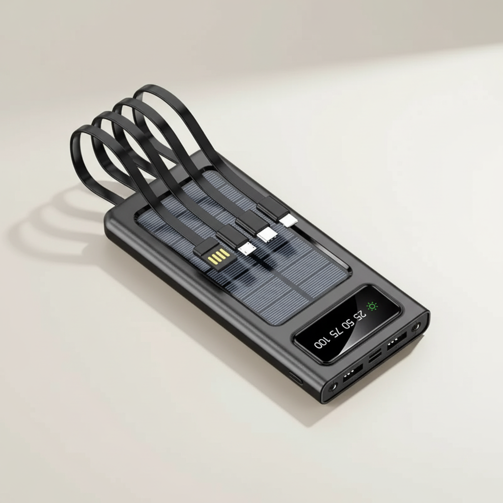 Solar power bank with multiple charging ports and built-in LED lamp