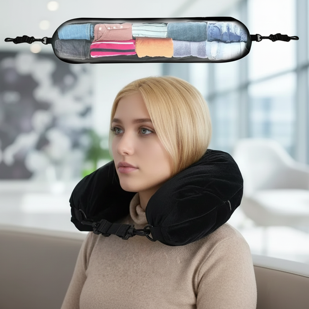 Travel accessories neck pillow with adjustable support and storage pouch