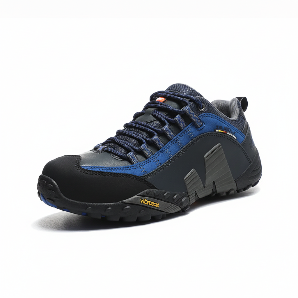 Waterproof hiking shoes with leather upper and aggressive tread outsole