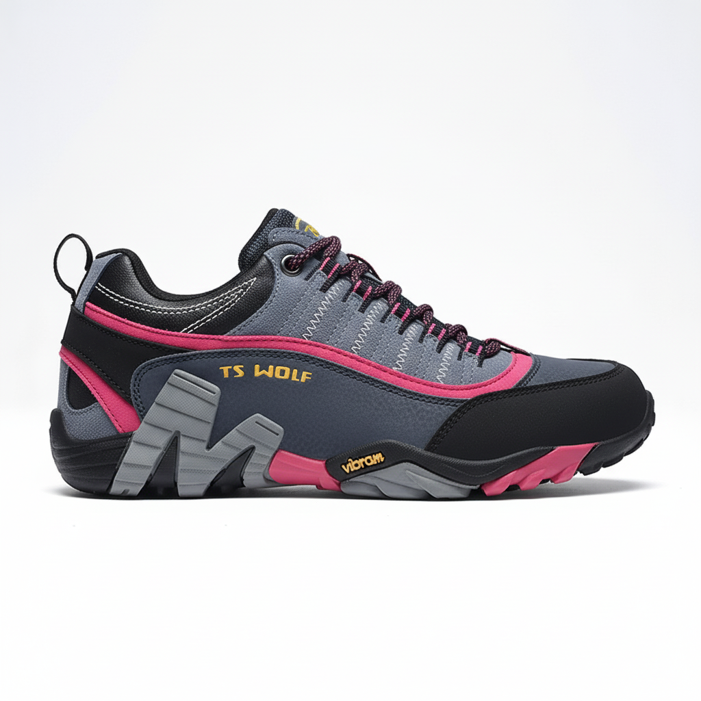 Waterproof hiking shoes with leather upper and aggressive tread outsole