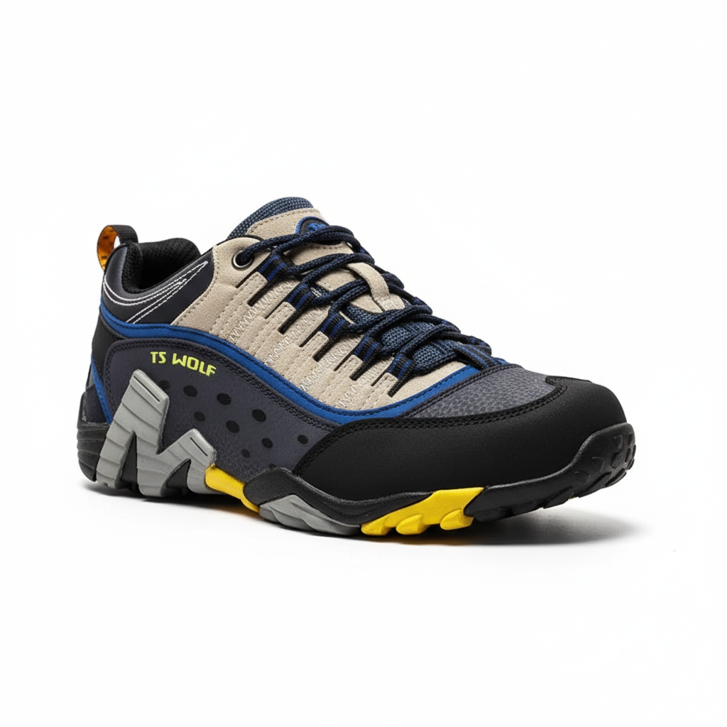 Waterproof hiking shoes with leather upper and aggressive tread outsole
