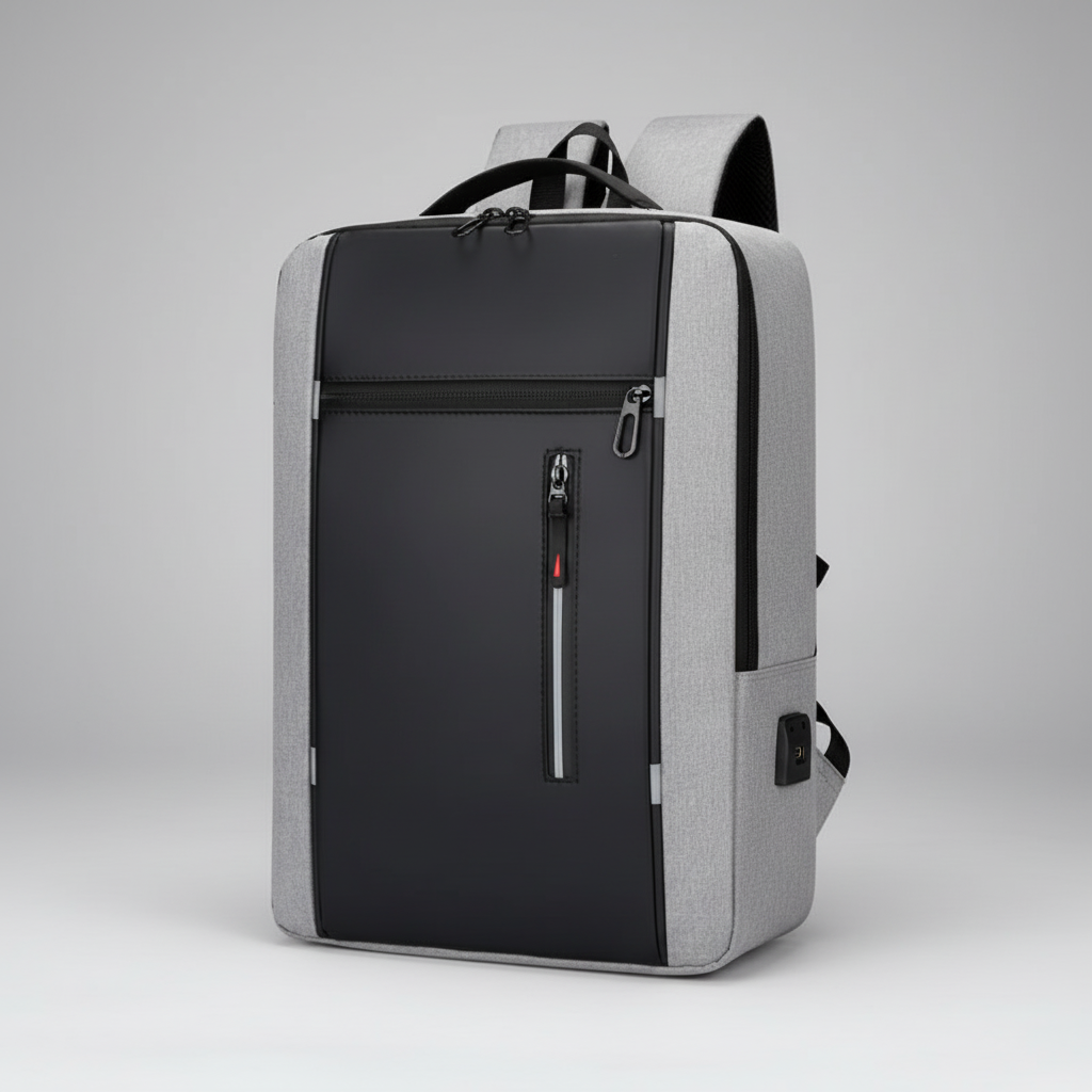 Water-resistant business backpack with padded laptop compartment and USB charging port