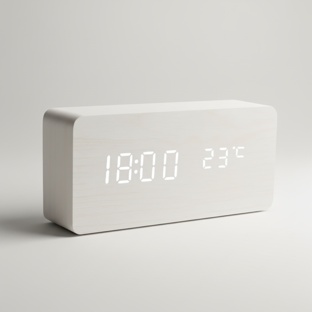 Digital alarm clock with wooden finish and LED display