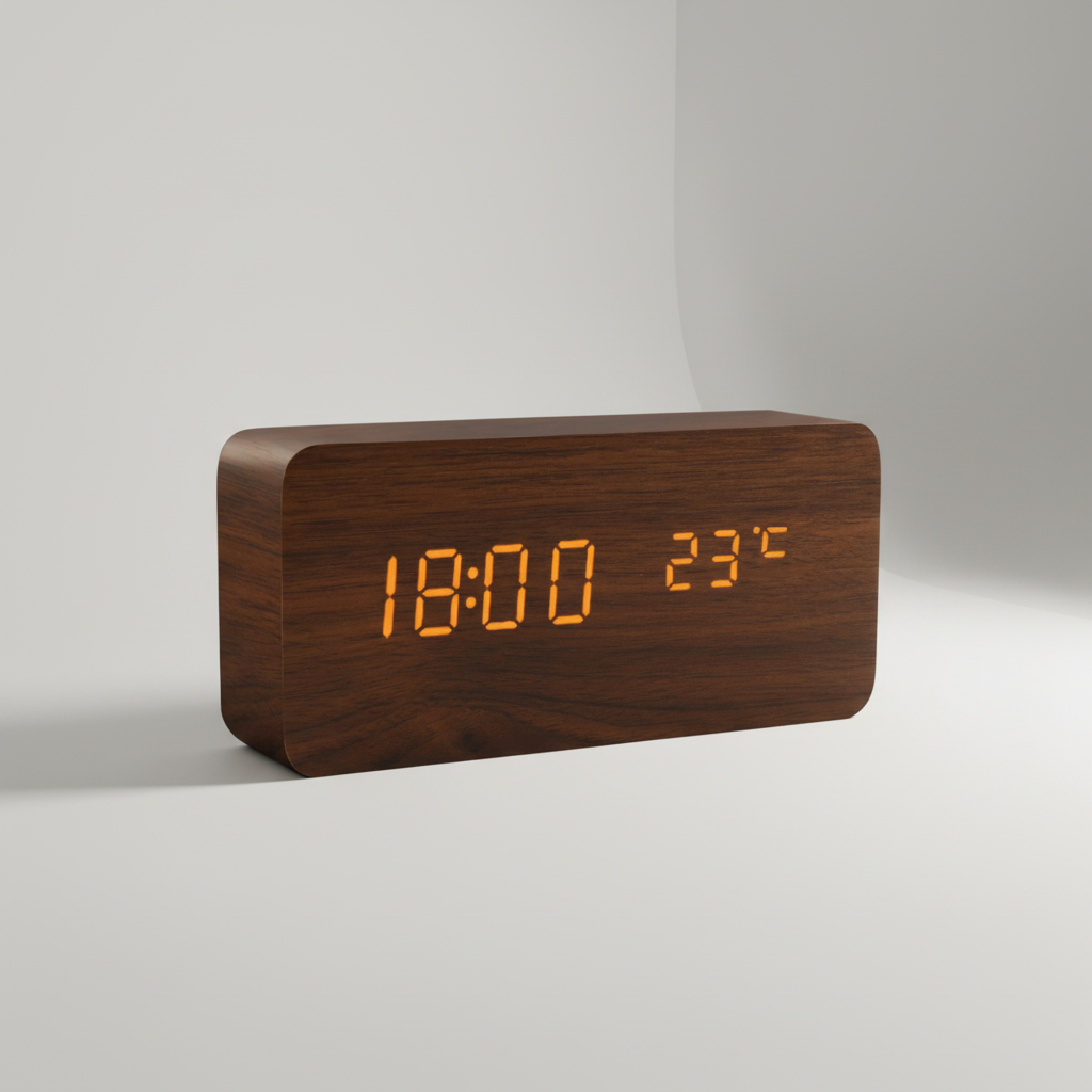 Digital alarm clock with wooden finish and LED display
