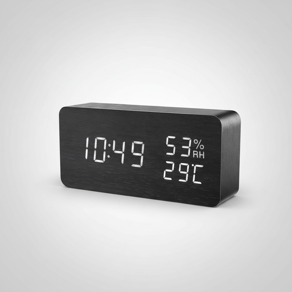 Digital alarm clock with wooden finish and LED display