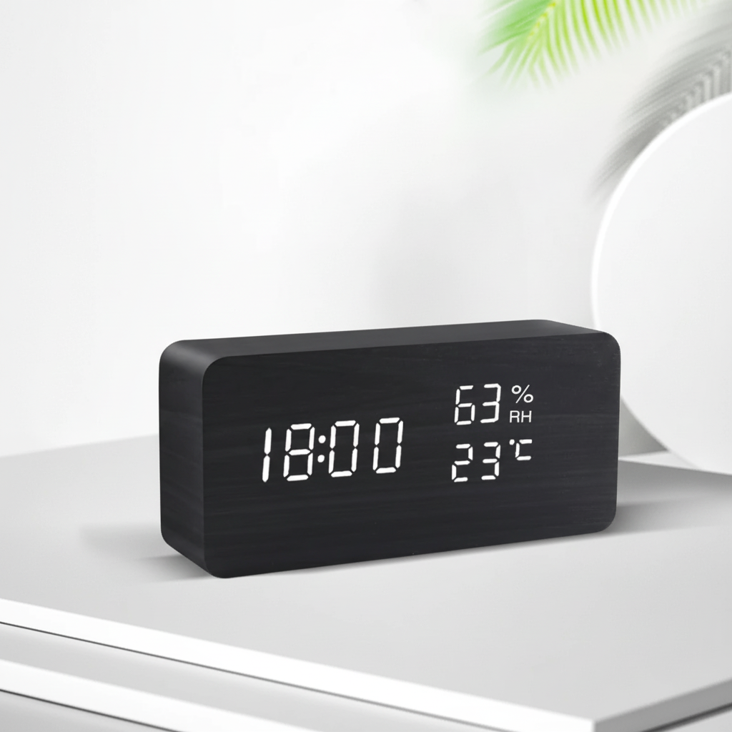 Digital alarm clock with wooden finish and LED display
