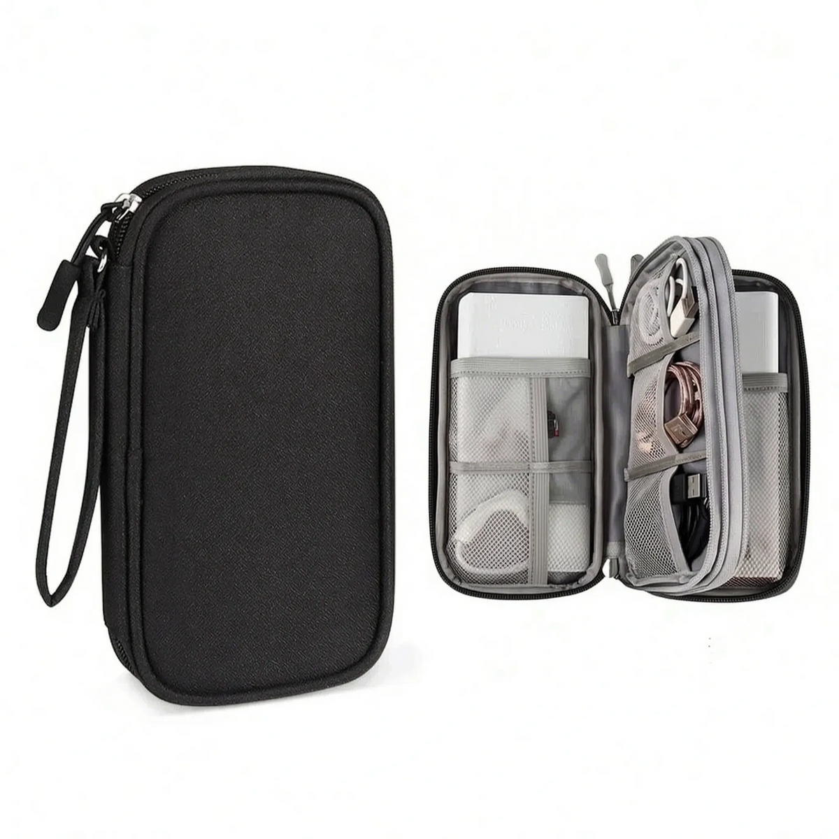 Travel accessories tech organizer with adjustable dividers and water-repellent shell